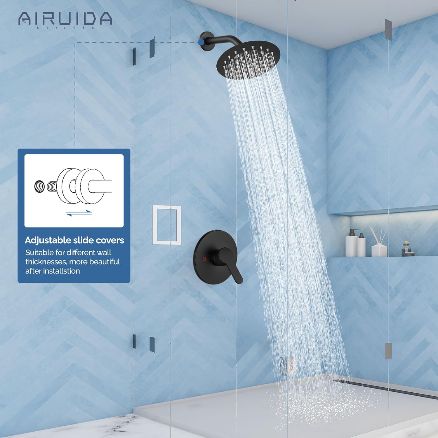 Airuida Shower Faucet Set,6 Inch Round Rainfall Shower Head,SUS304 Stainless Steel Single Handle Shower Trim Kit,Wall Mount Bathroom System with Male Threads Valve Matte Black