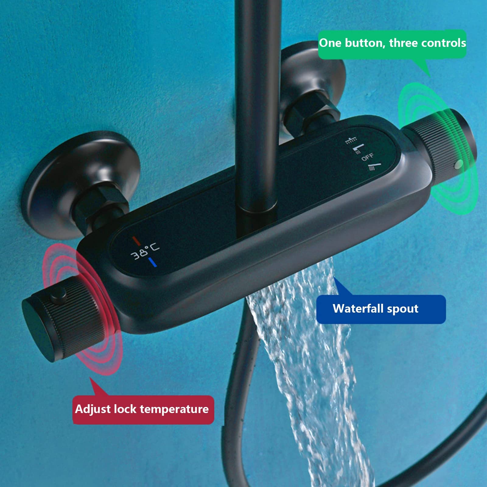 Set Doccia con Beccuccio Vasca A Cascata, Sistema Doccia Termostatico Nero Colonna Doccia con Soffione Doccia A Pioggia E Doccetta A 3 modalità, Rubinetto Doccia Bagno in Ottone,Nero