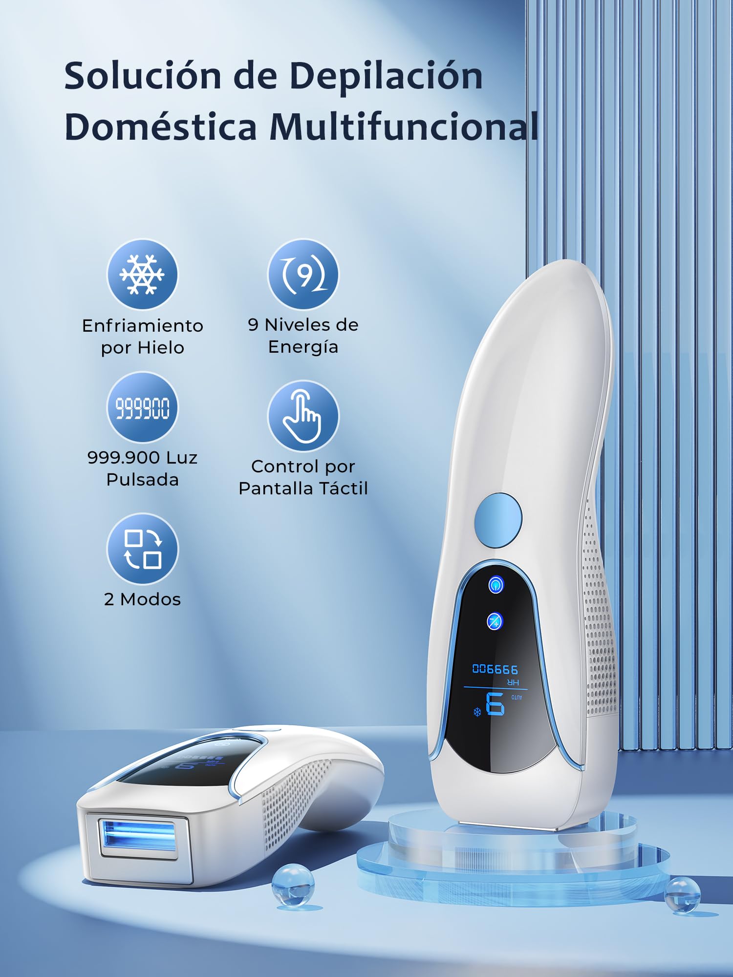 Depiladora Laser IPL con Función de Refrigeración 999,900 Flashes, Azul | 9 Niveles de Energía Depiladora Luz Pulsada con 2 Modos, 19.35J Laser Depilacion para Mujer y Hombre, Todo el Cuerpo