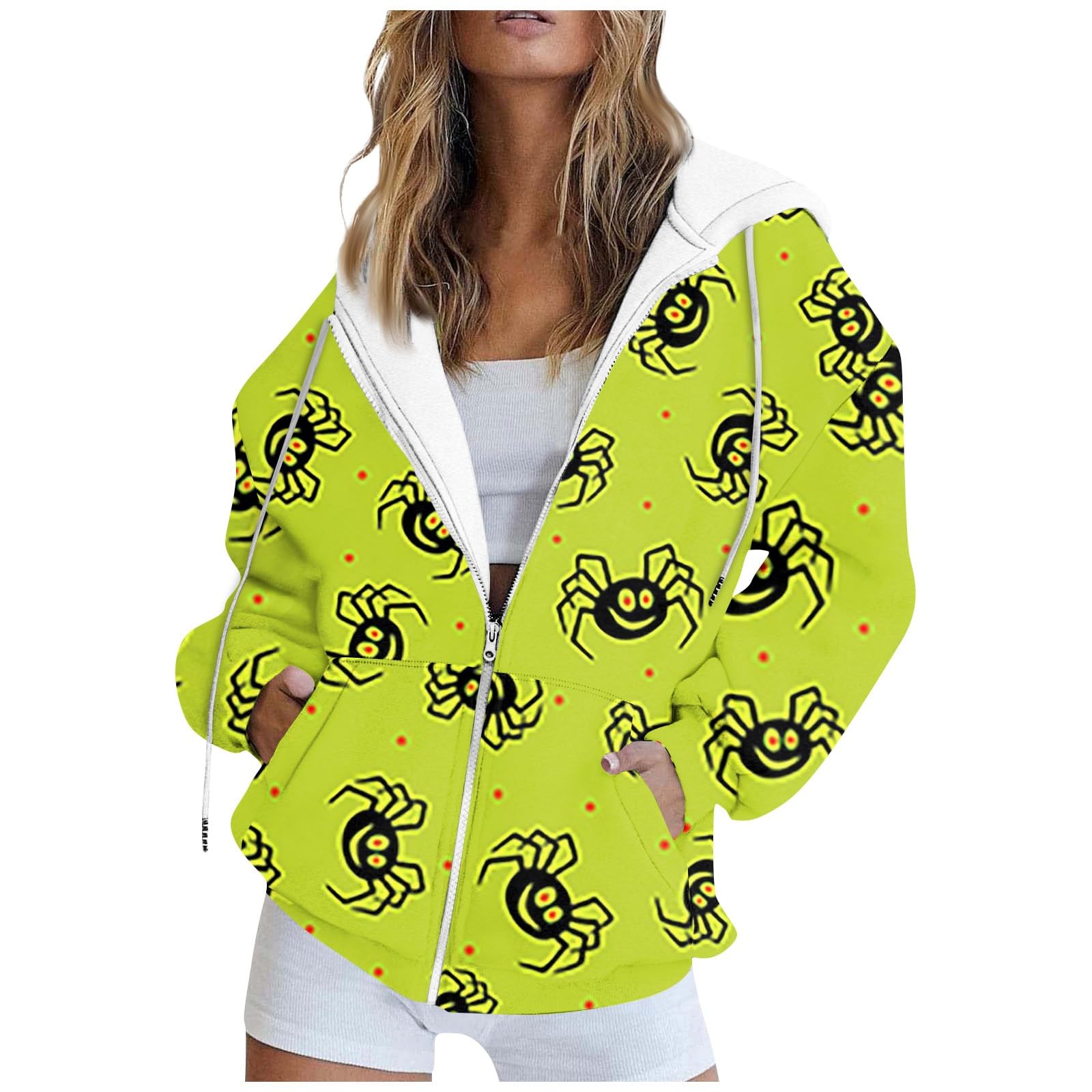 Zip Up Hoodies for Women Drawstring Y2k Activewear Oversized Halloween Printed Coat Sweatshirts Sport Jacket with Pocket