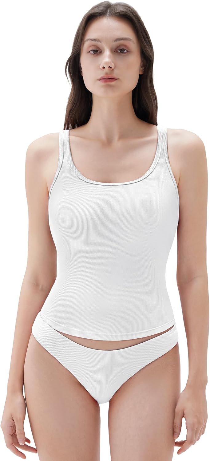 SUUKSESS Women Padded Cotton Ribbed Long Tank Tops Casual Summer Going Out Sleeveless Scoop Neck Basic Cami Tops