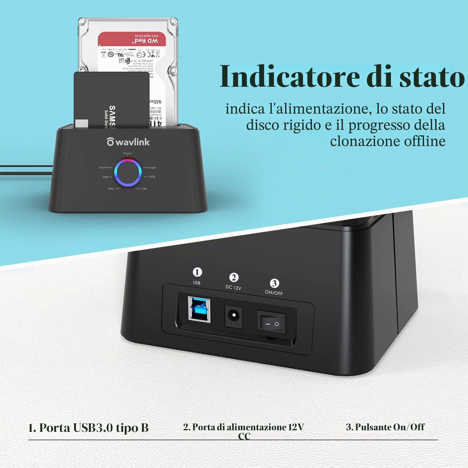 WAVLINK Dual Bay SATA a USB3.0 disco rigido esterno HDD Docking Station per 2,5 o 3,5 pollici hdd, SSD con dischi rigidi fotocopiatrice/cloni della funzione di nero