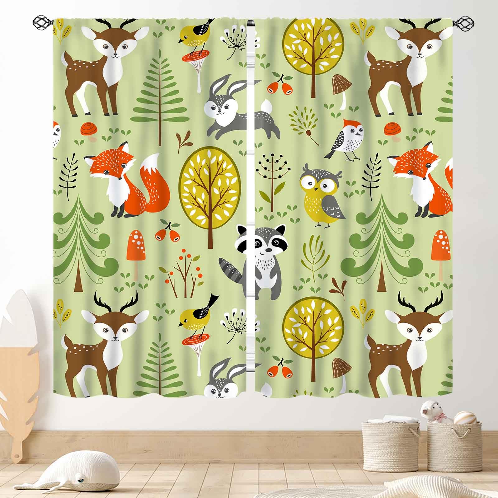 Kids Safari Animals Curtains, Baby Boy Girl Rustic Woodland Dear Fox Bear Wild Jungle Printed Cartoon Green Forest Window Drapery Treatments for Bedroom Living Room Nursery 2 Panels Sets, 42"x45" Inch โ image 1