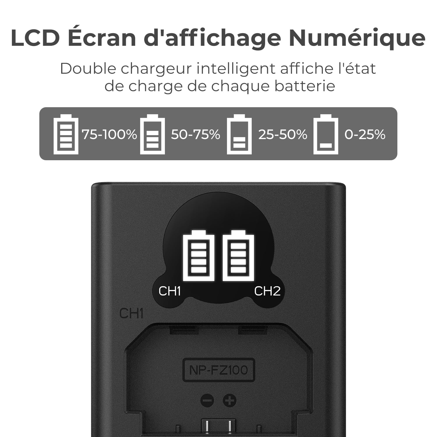 K&F CONCEPT NP-FZ100 Batterie Chargeur avec Double Emplacement et écran LCD, Chargeur Micro USB et Type-C pour Sony FX30, Alpha A7 III, A7R III (A7R3), A9, A6600, A7R IV, Alpha A9 II Camera Batteries