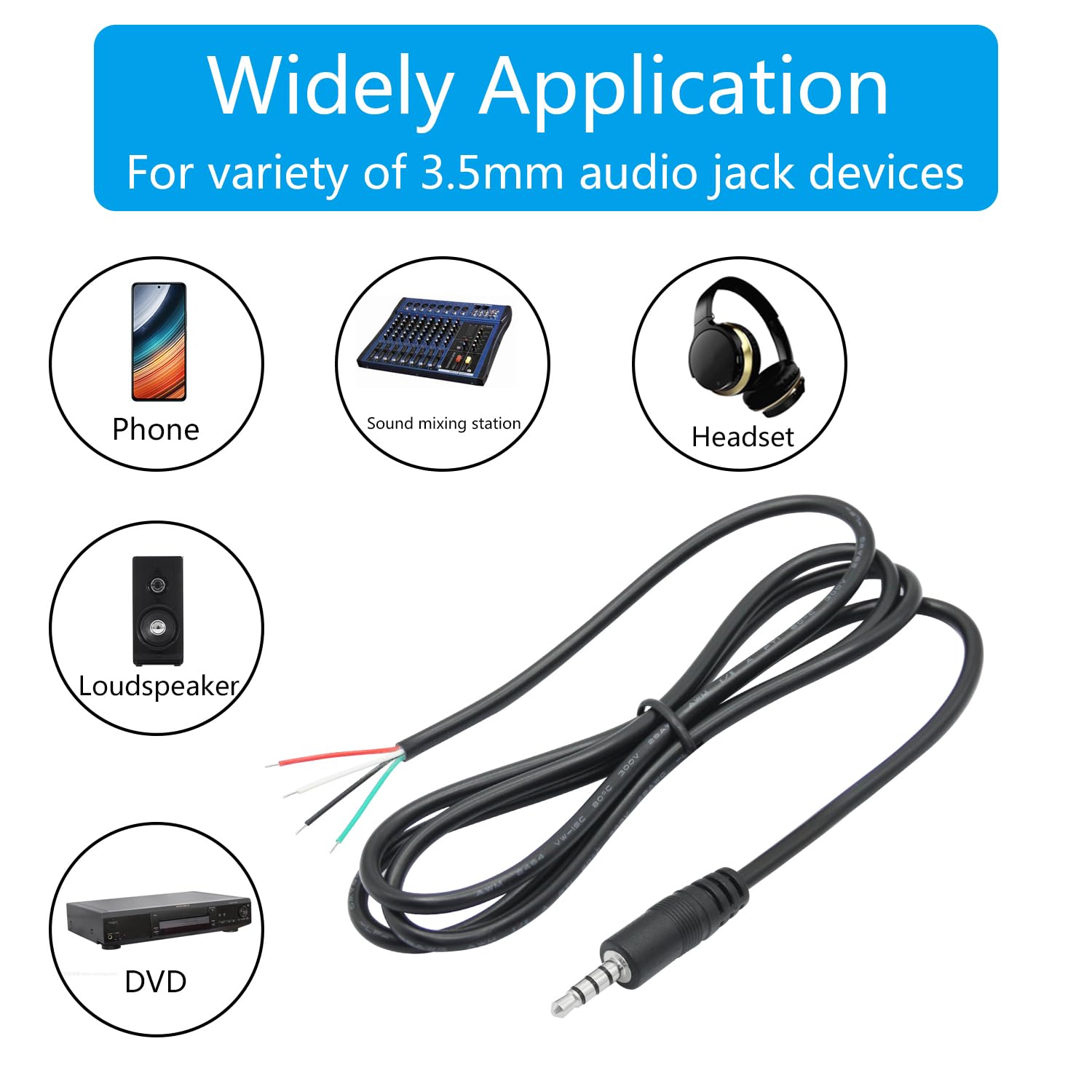 4Pcs 3.5mm Male Plug to 4Pin Bare Wire Open End Cable 3FT, TRRS 4 Pole 1/8'' Jack Stereo Audio Wire Replacement, for Earphone Microphone Audio DIY Repair