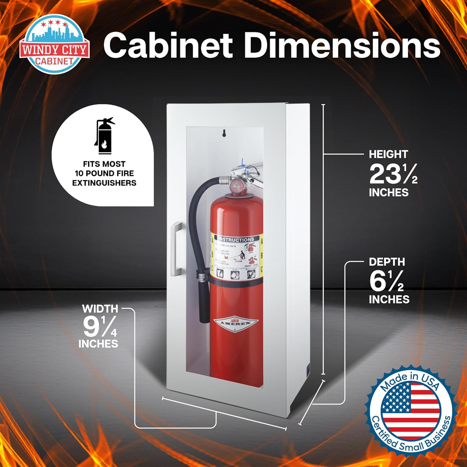 Fire Extinguisher Mount for Wall & Surface - 22 Gauge Steel, USA Made - Fire Extinguisher Cabinet Storage w/Metal Handle - Indoor & Outdoor Use - 24.5H x 9.25W x 6.5D - White