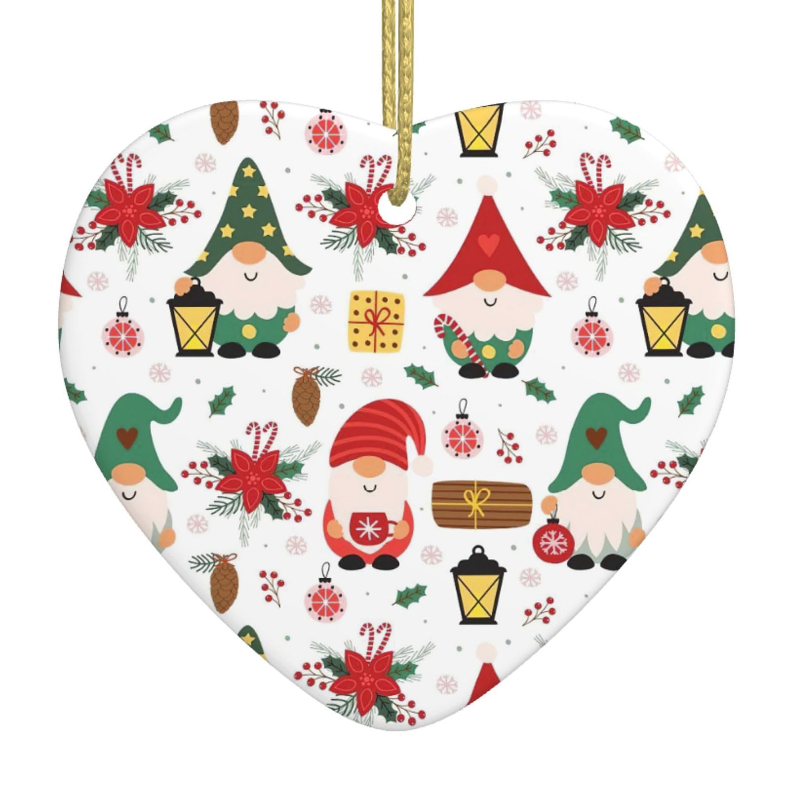 Nbtghga White Cute Gnome Print Christmas Ornaments, Ceramic Hanging Ornament, Xmas Tree Decoration, Holiday Home Decor