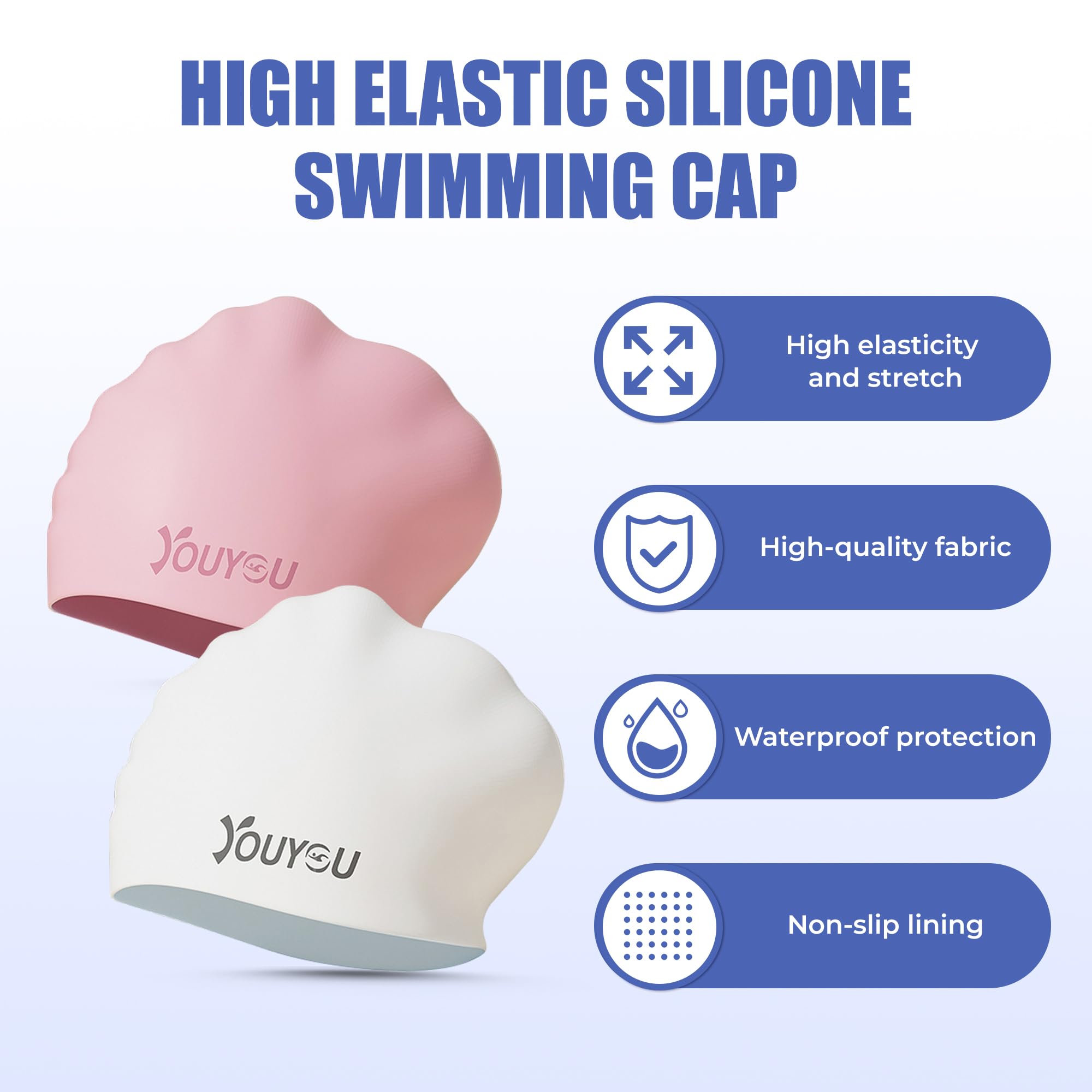 2 Pack Silikon Badekappen für langes Haar, große wasserdichte Bademützen für Frauen, Männer und Erwachsene mit dickem oder lockigem Haar, Bequeme 3D Bademützen - 4