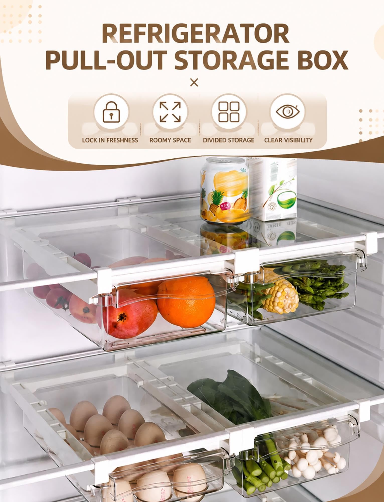 Organisateur frigo suspendu transparent, tiroir coulissant sous étagère