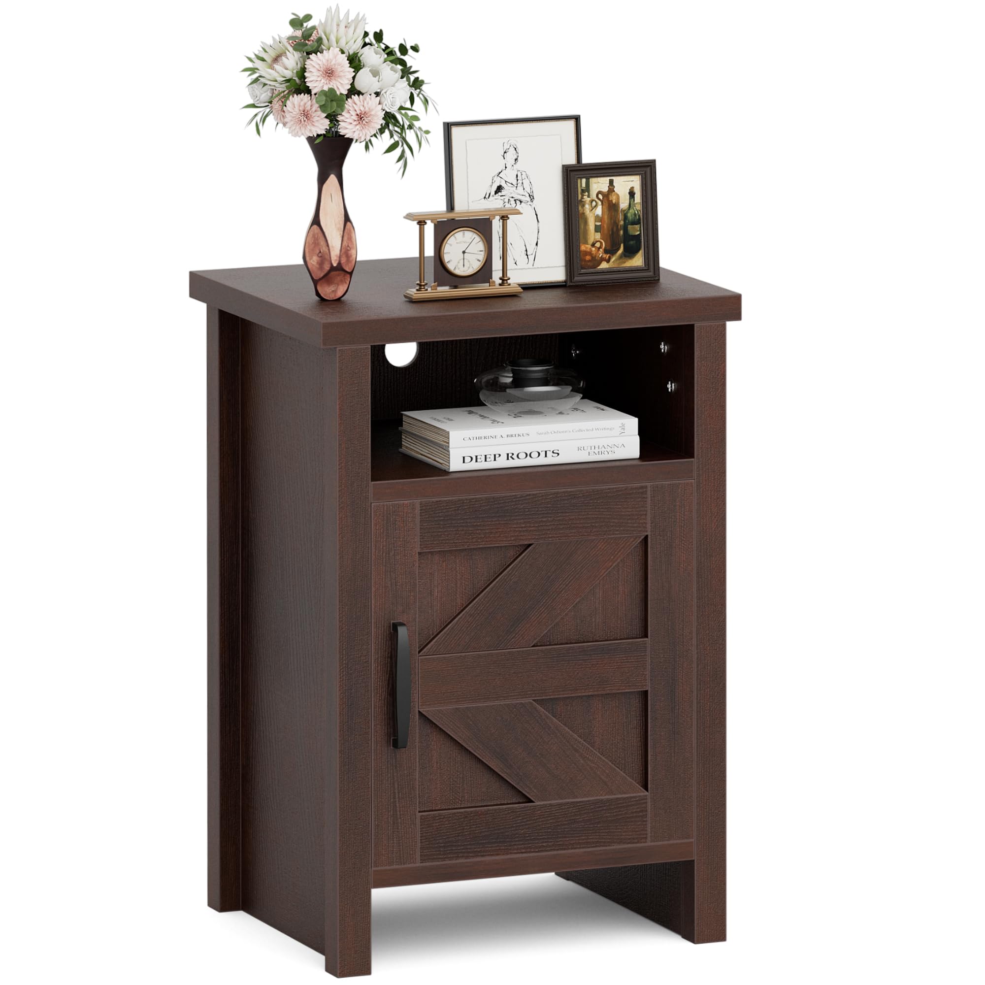 JUMMICO Farmhouse Nightstand, Modern Bedside Table with Barn Door and Shelf, Rustic End Table Side Table for Bedroom, Living Room (1, Brown)