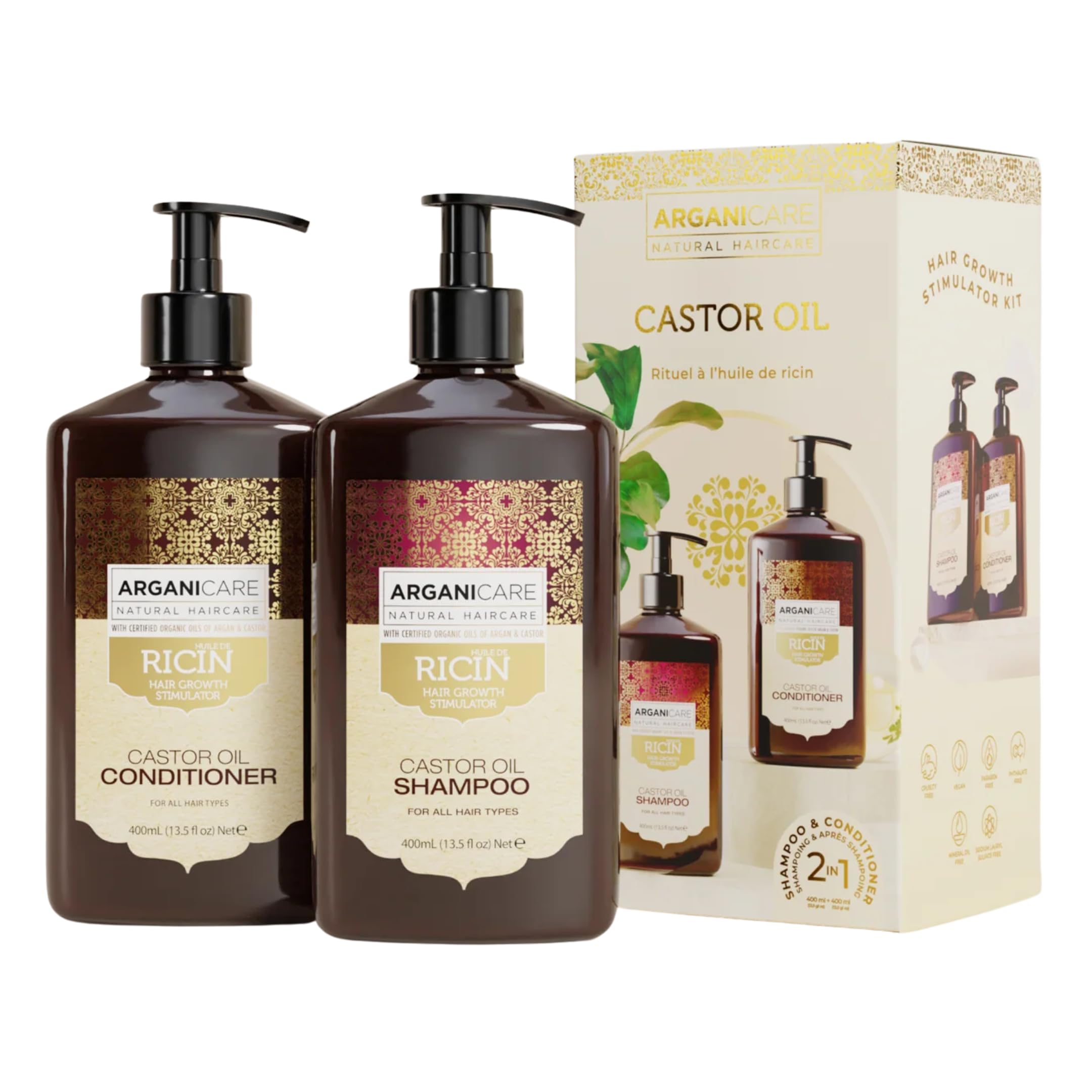 Arganicare | Duo Shampoo + Conditioner | Castor | Growth Accelerator | Gently Cleans & Moisturizes Hair | All hair types | 1x400 ML+ 1x400mL