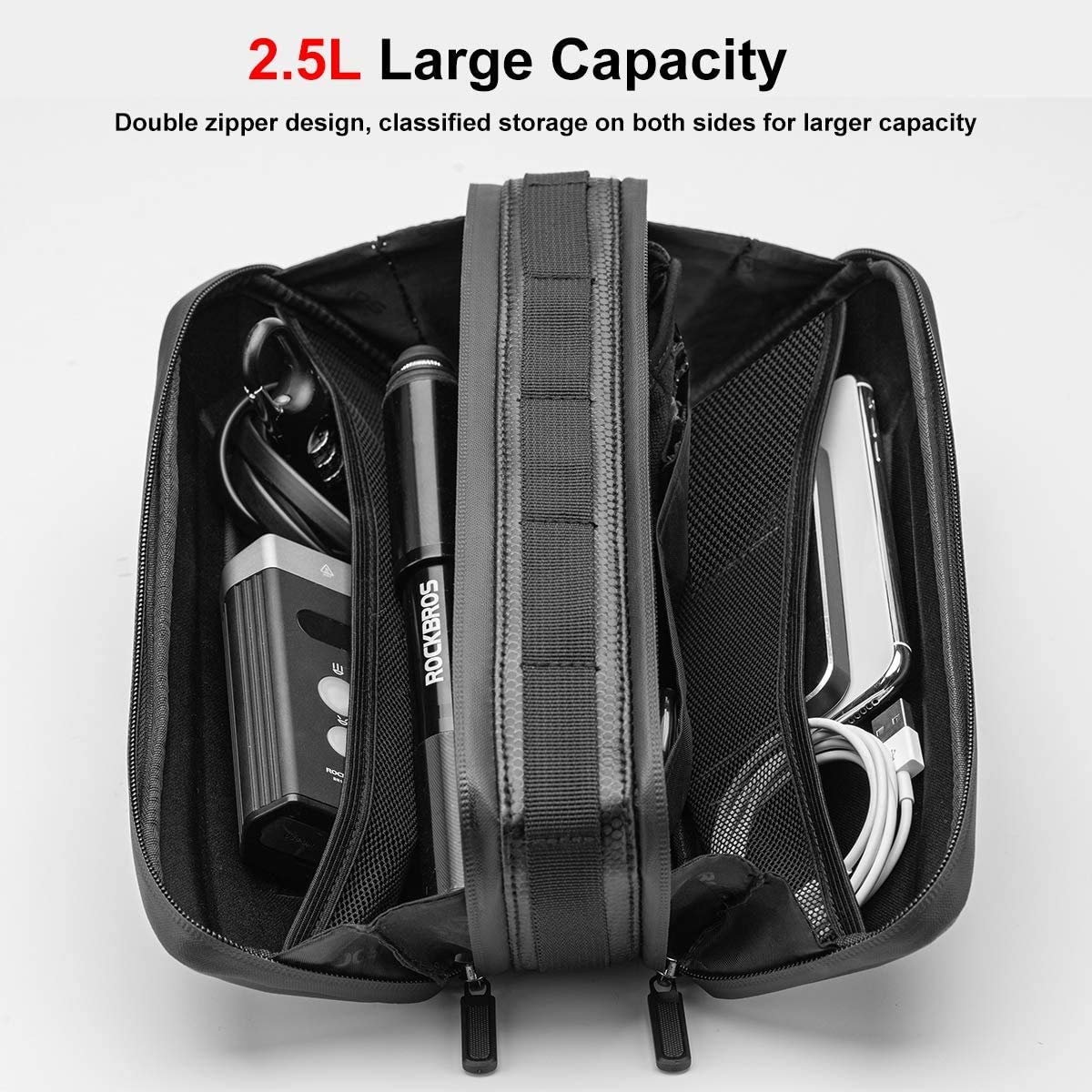 ROCKBROS Sacoche de Cadre Vélo 2,5L, Sacoche Cadre VTT Top Tube Bag Étanche Rigide pour VTT Vélo de Route Vélo Pliant Noir