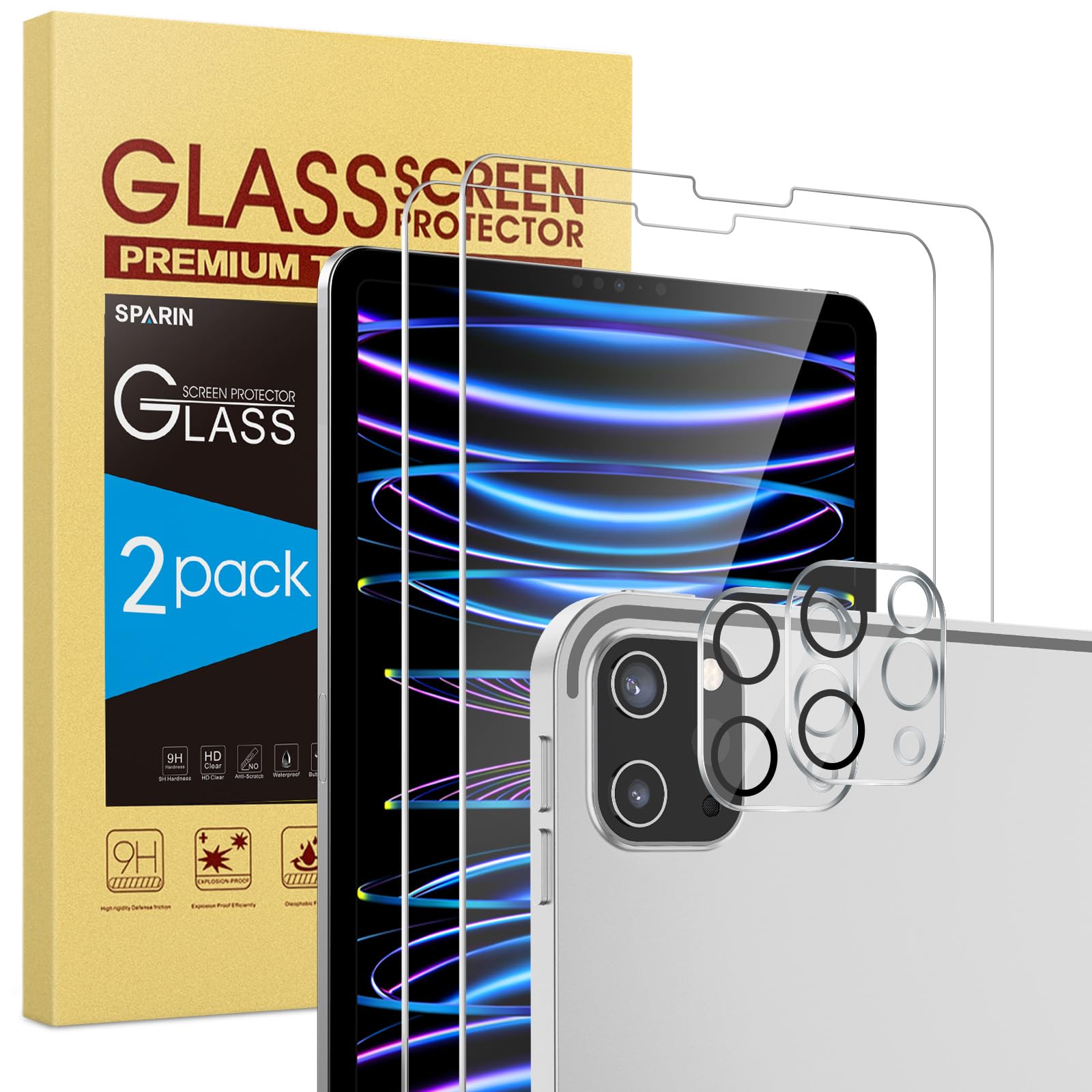 SPARIN 2 Pack Screen Protector Compatible with iPad Pro 12.9 with 2 Pack Camera Lens Protector, Tempered Glass/Scratch Resistant/Support Apple Pencil