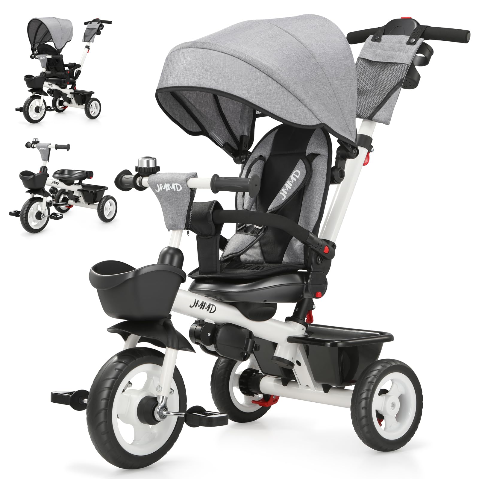 7 in 1 Tricycle Stroller with Push Handle, Baby Trike with 360° Swivel Seat, Reclining Backrest, All-Terrain Wheels, Dual Brakes, Canopy & Storage, Gift for Kids 18 Months to 5 Years, Gray