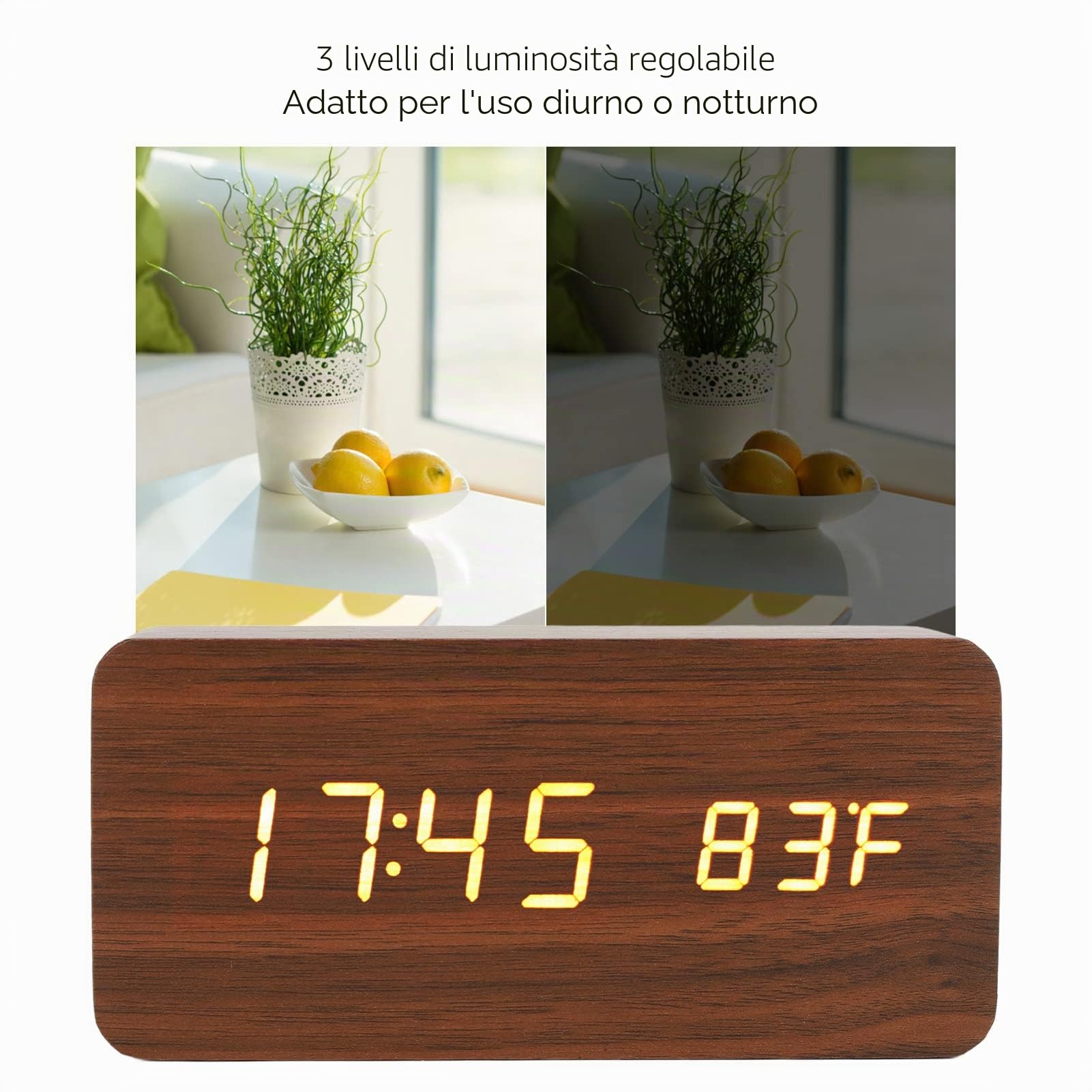 Orologio a LED in legno, sveglia digitale con 3 livelli di luminosità elettronica, grande display a colori, orologio digitale da scrivania con display a umidità temporanea, ufficio, camera da letto