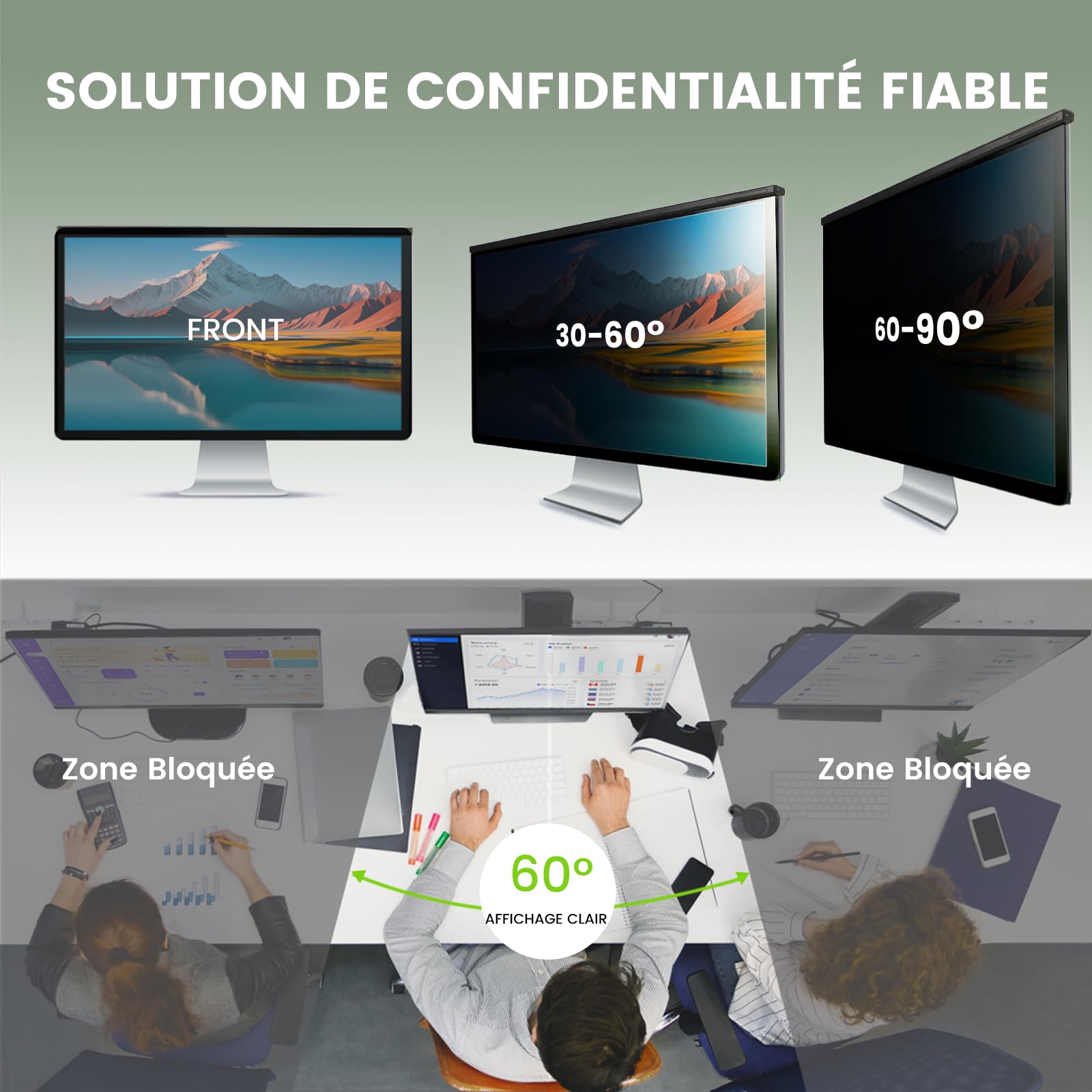 Filtre de Confidentialité Amovible 24 Pouces 16:9 Anti-Reflet HD Anti-Lumière Bleue pour Moniteur 54 x 32,9 cm
