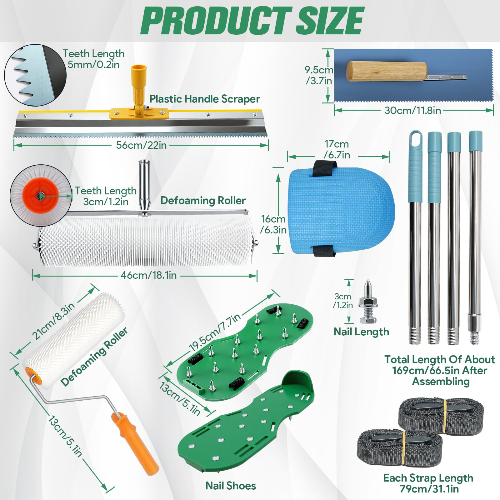Kit de herramientas de cemento autonivelante que incluye rascador de acero inoxidable, rastrillo autonivelante, zapatos de construcción de pisos, herramientas de pintura epoxi para pisos con