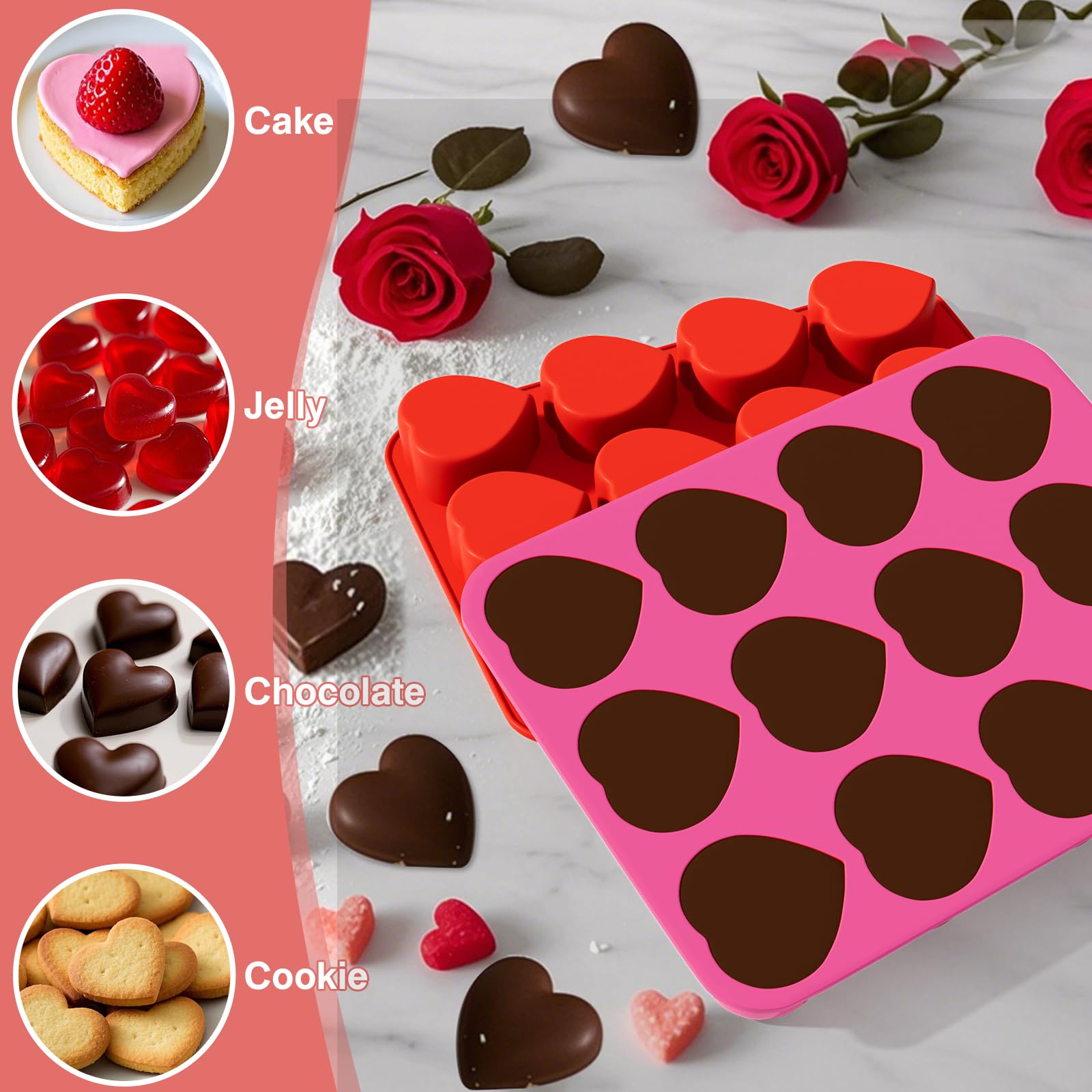 3 stampi in silicone a forma di cuore con 12 cavità a forma di cuore, per cioccolato, sapone, mini muffin, San Valentino, per sapone, cioccolato, gelatina, caramelle (rosso, viola, rosa)