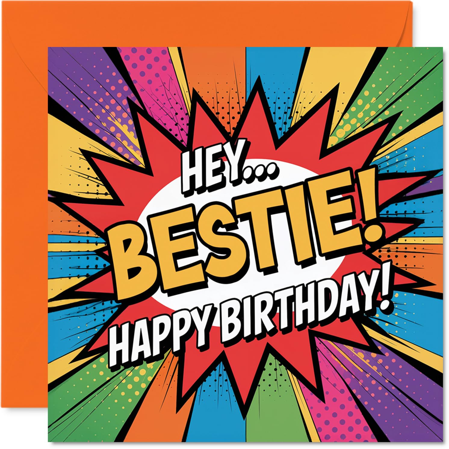 Playful Birthday Card for Bestie - Bursting with Comic Energy - Vibrant Multicolour Design and Bold HEY... BESTIE! Text - 145mm Square, Envelope Included