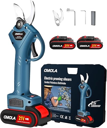OMOLA Tijeras de podar eléctricas, con 2 piezas recargables de litio de 21 V, 2 Ah, 2000 mA y 2 cuchillas, diámetro de corte de 1 pulgada/0.984 in,