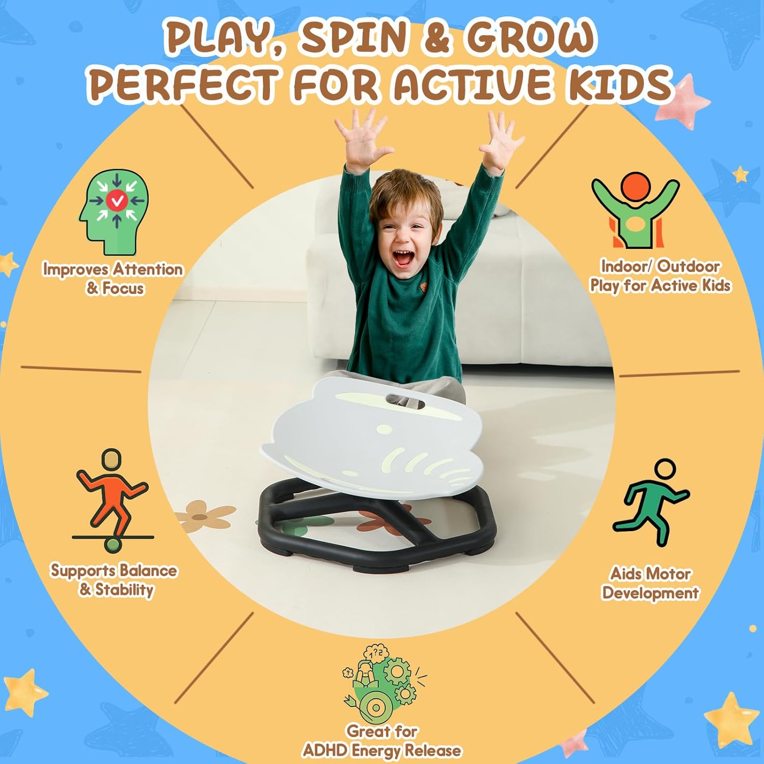 Glow-in-the-Dark Elephant Sensory Spinning Chair for Kids, Autism Sensory Toys, Sit and Spin Swivel Seat for Autistic Children, ADHD & Sensory Room Must Haves, Boosts Balance, Ages 3+ (Grey)