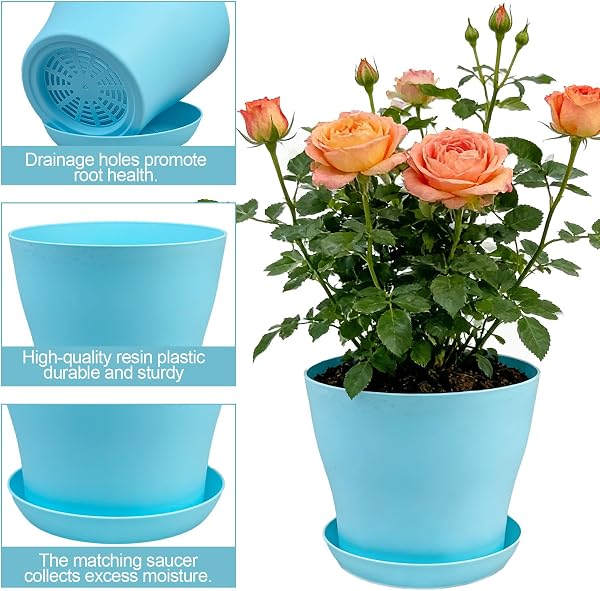 8 Pack Plastic Plant Pots 14cm/5.5-in Flower Pots with Drainage Holes and Tray Modern Decorative Planter Pot Indoor Outdoor Planters for All House Plants(8 Colour) - 3