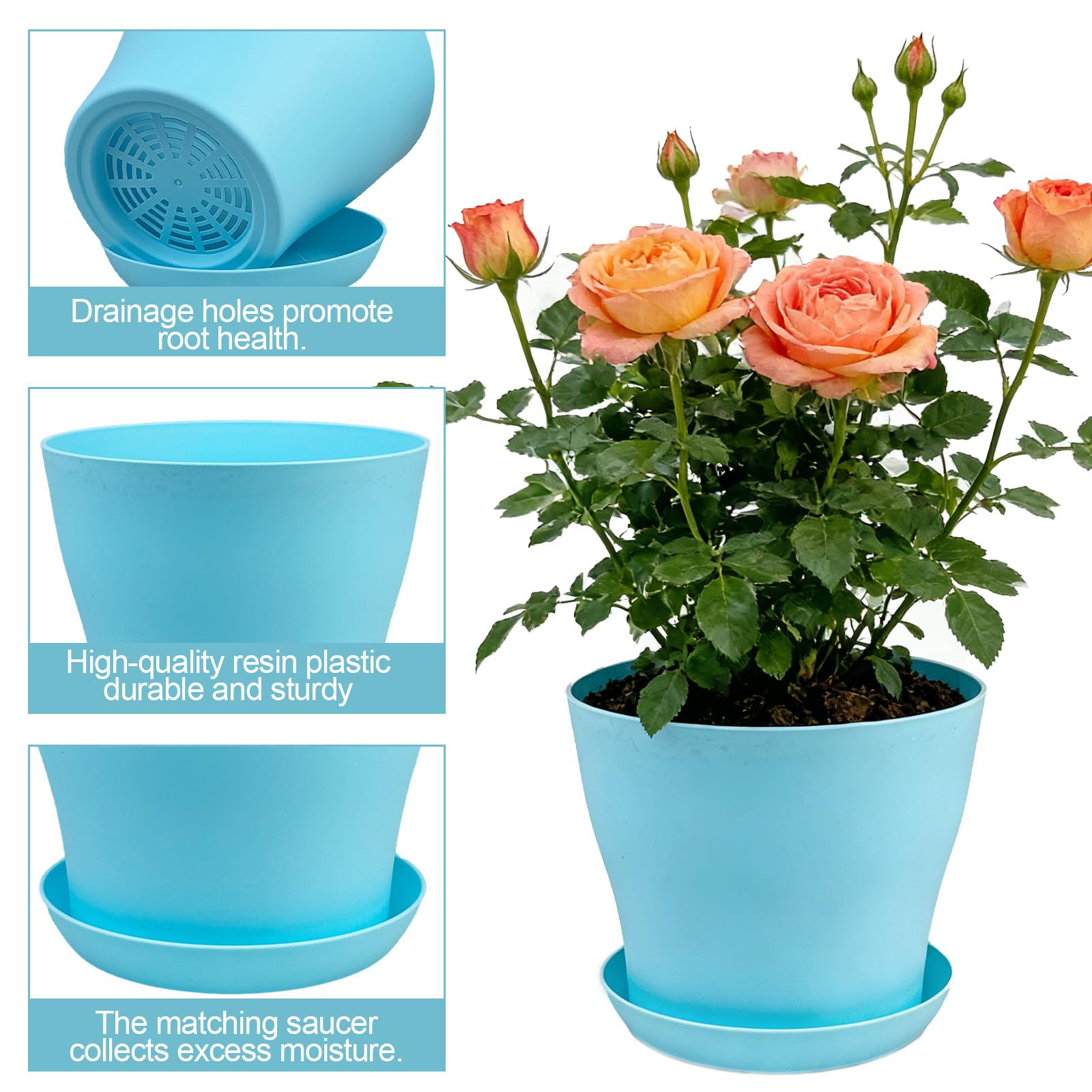 8 Pack Plastic Plant Pots 14cm/5.5-in Flower Pots with Drainage Holes and Tray Modern Decorative Planter Pot Indoor Outdoor Planters for All House Plants(8 Colour) - 4