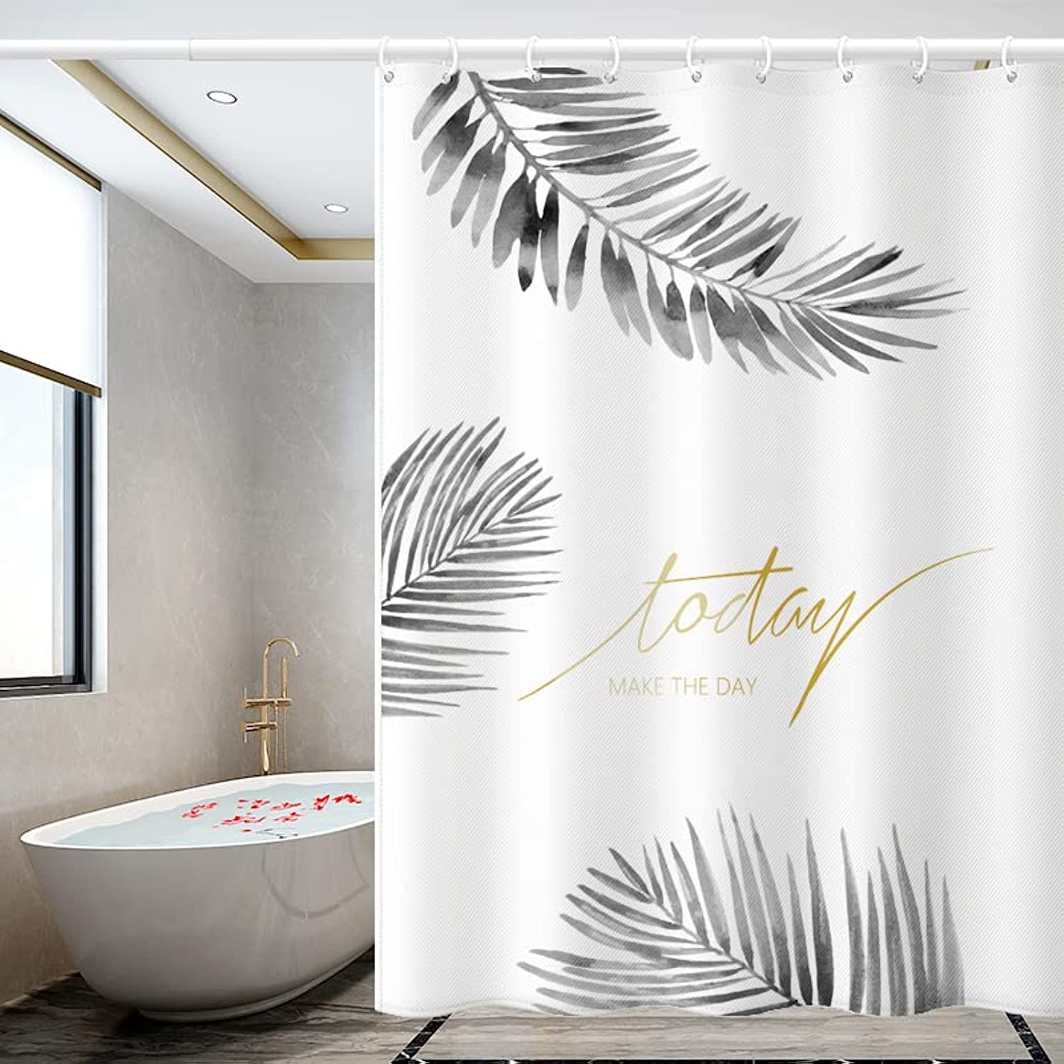 Mistyblue Thickened Polyester Shower Curtain, Waterproof Fabric with Modern Design, Mildew Stain Resistant Shower Drape for Bathroom and Laundry Room, 12 Hooks Included, 180 * 180cm(Ink painted leaf)