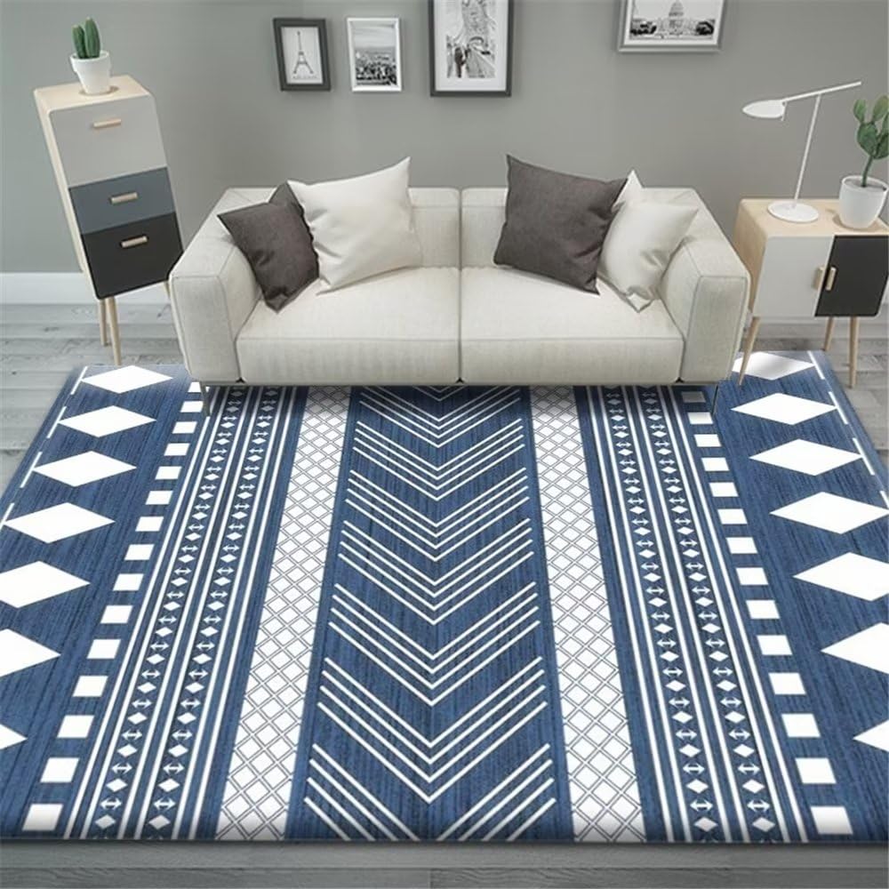 Tapis anti-acarien lavable à rayures géométriques bleu 180x250 pour une chambre saine