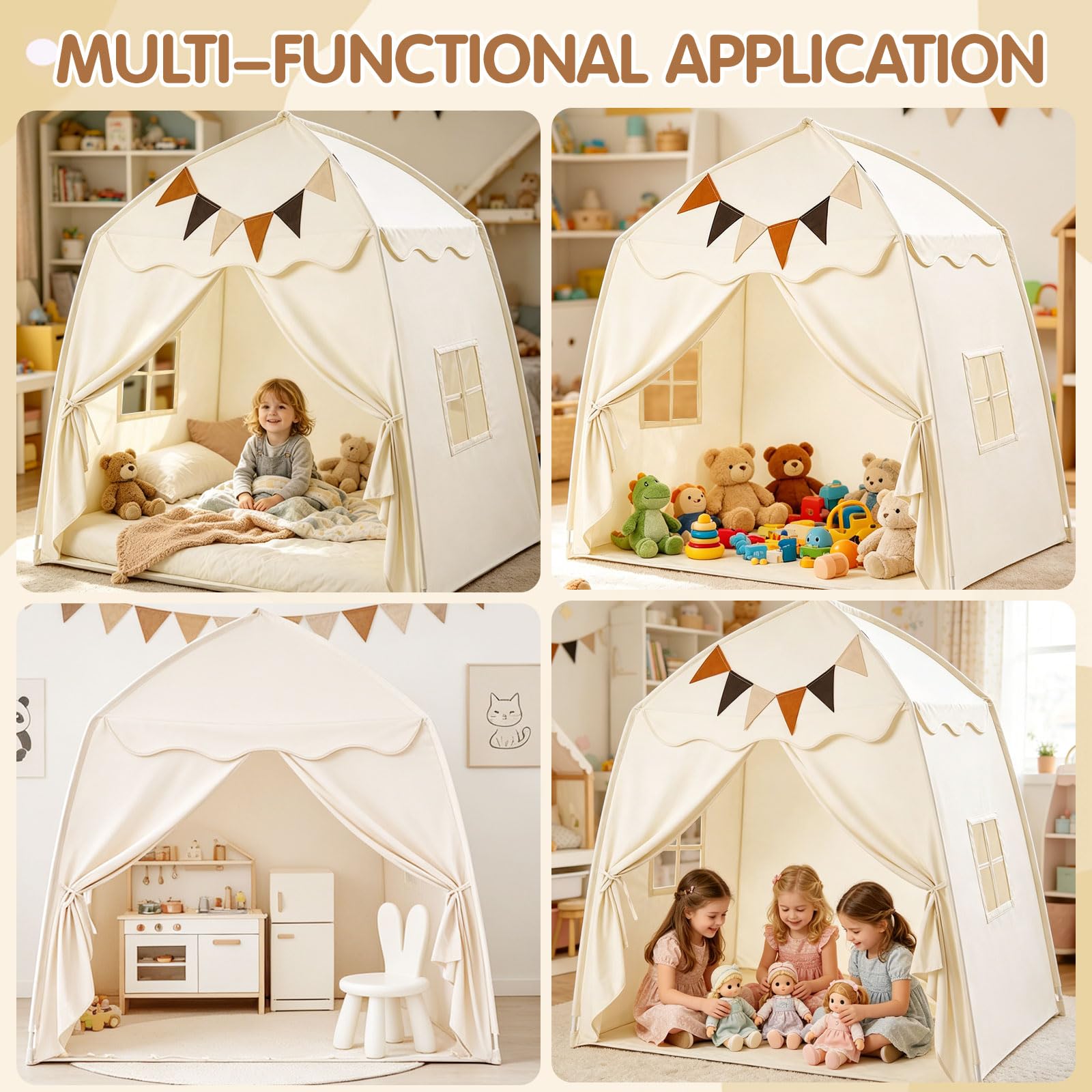 Extragroßes Spielzelt für Kinder – Tragbares & Faltbares Tipi Spielhaus mit Flaggen, Jungen & Mädchen, Kuppelzelt für drinnen und draußen, 150x100x150 cm (Cremefarben)
