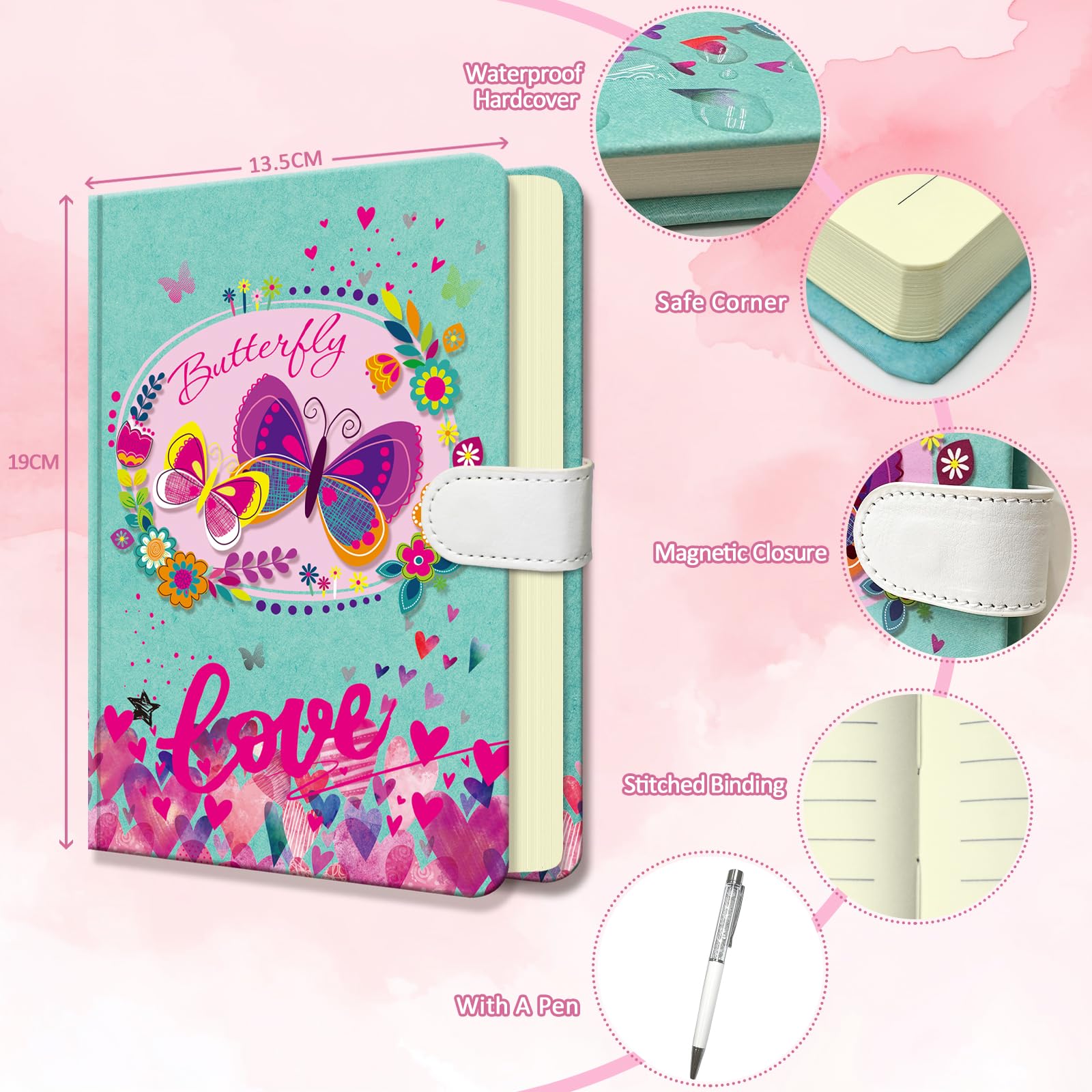 DWIYITTN Butterfly Notebook for Girls Gifts for Teens Hardcover Girls Journal with Pen and Magnetic Buckle Closure 192 Pages 19x13.5cm Lined Undated Diary - Image 2