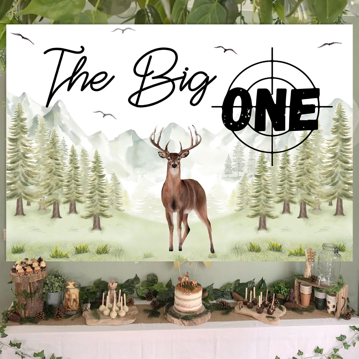 The Big One Deer 1st Birthday Backdrop - Forest Green Fabric - 7x5ft - Includes: The Big One Deer Backdrop