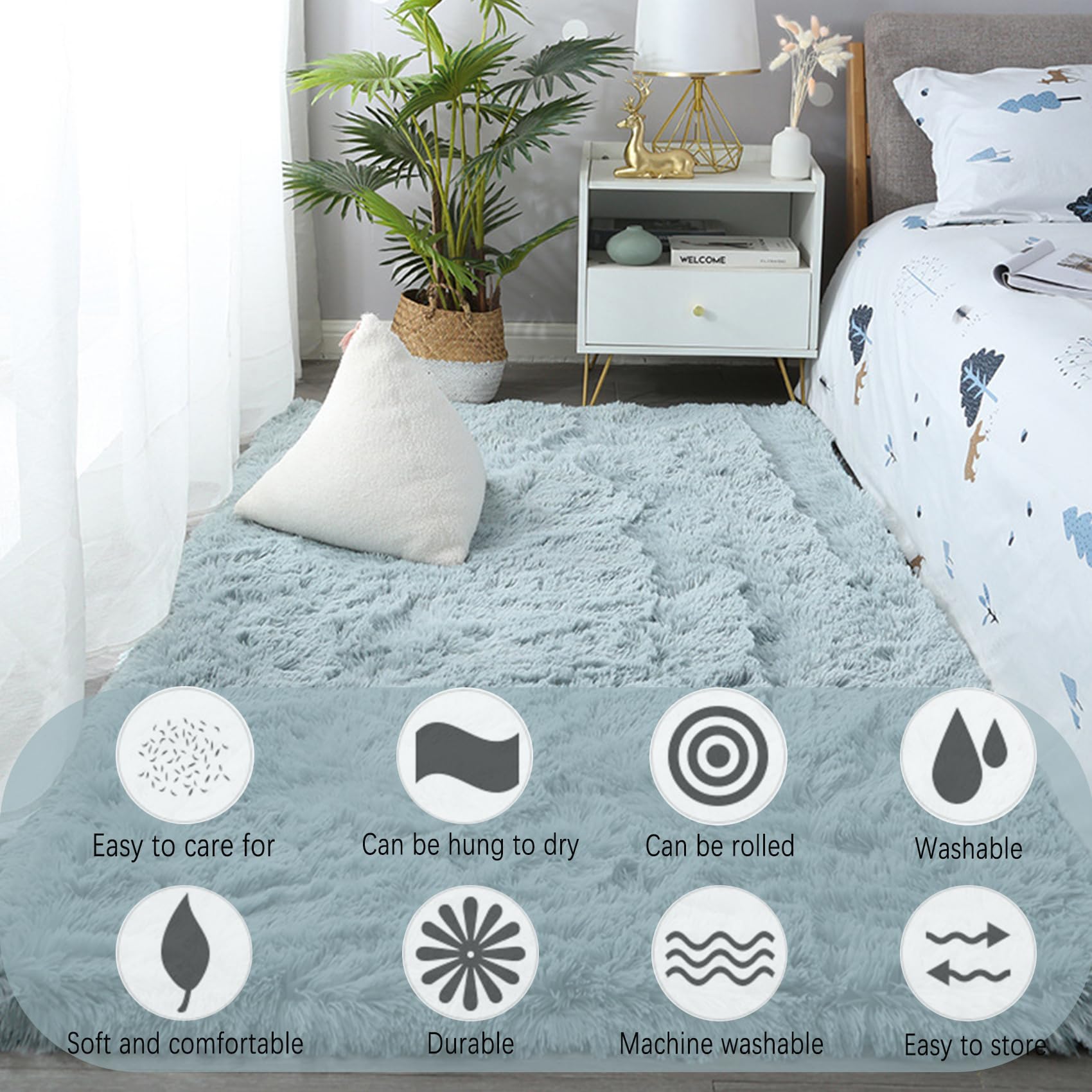 Waschbarer Teppich 100 x 250 cm, Waschbar, Flauschige Oberfläche, Robust, Spitzenqualität, Pflegeleicht, in Vielen Farben & Größen, Teppich Hochflor Wohnzimmer, hellblau