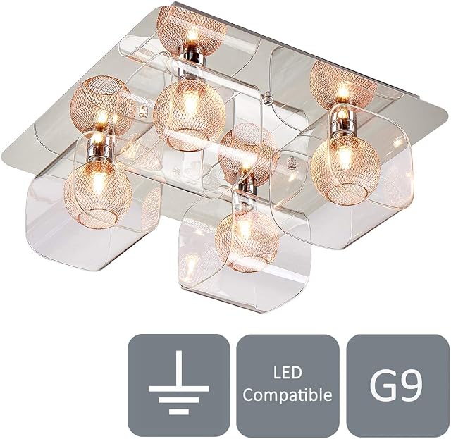 HARPER LIVING Semi-Flush Ceiling Light, Decorative Inner mesh in Copper, Ideal for Living Room, Bedroom, Kitchen, Hallway (4-Light Ceiling Light)