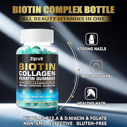 Miniatura 3 de zipvit Gomitas de colágeno de biotina, vitaminas para la piel y las uñas para mujeres y hombres, vitaminas para el crecimiento del cabello B1, B2,