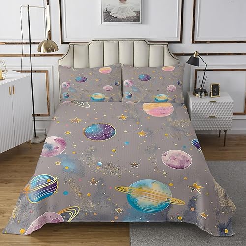 Miniatura 2 de Juego de colcha colorida de galaxia tamaño Queen para niños, niñas y niños, juego de edredón de cielo estrellado de ensueño con planetas arcoíris,