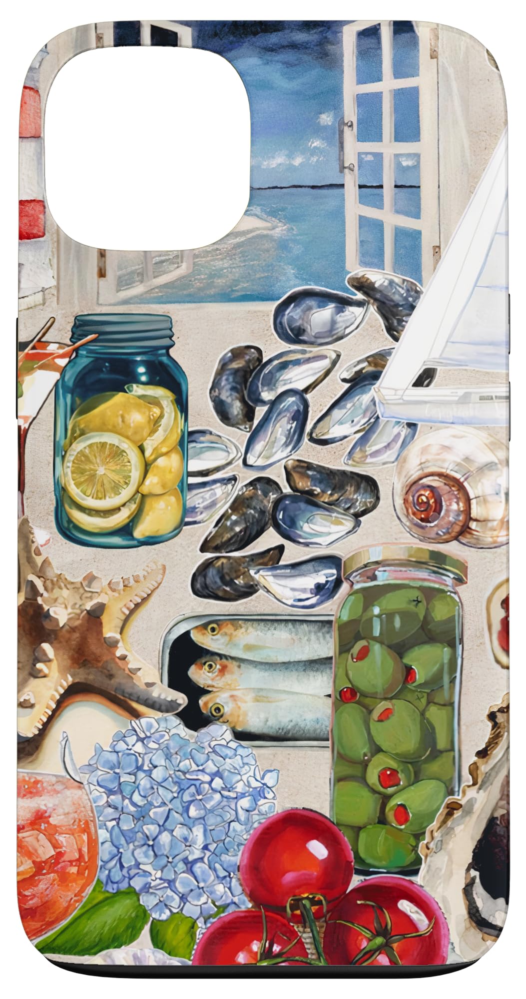 European Summer Sardines Oyster Olive Shell Coastal Collage Case for iPhone 13