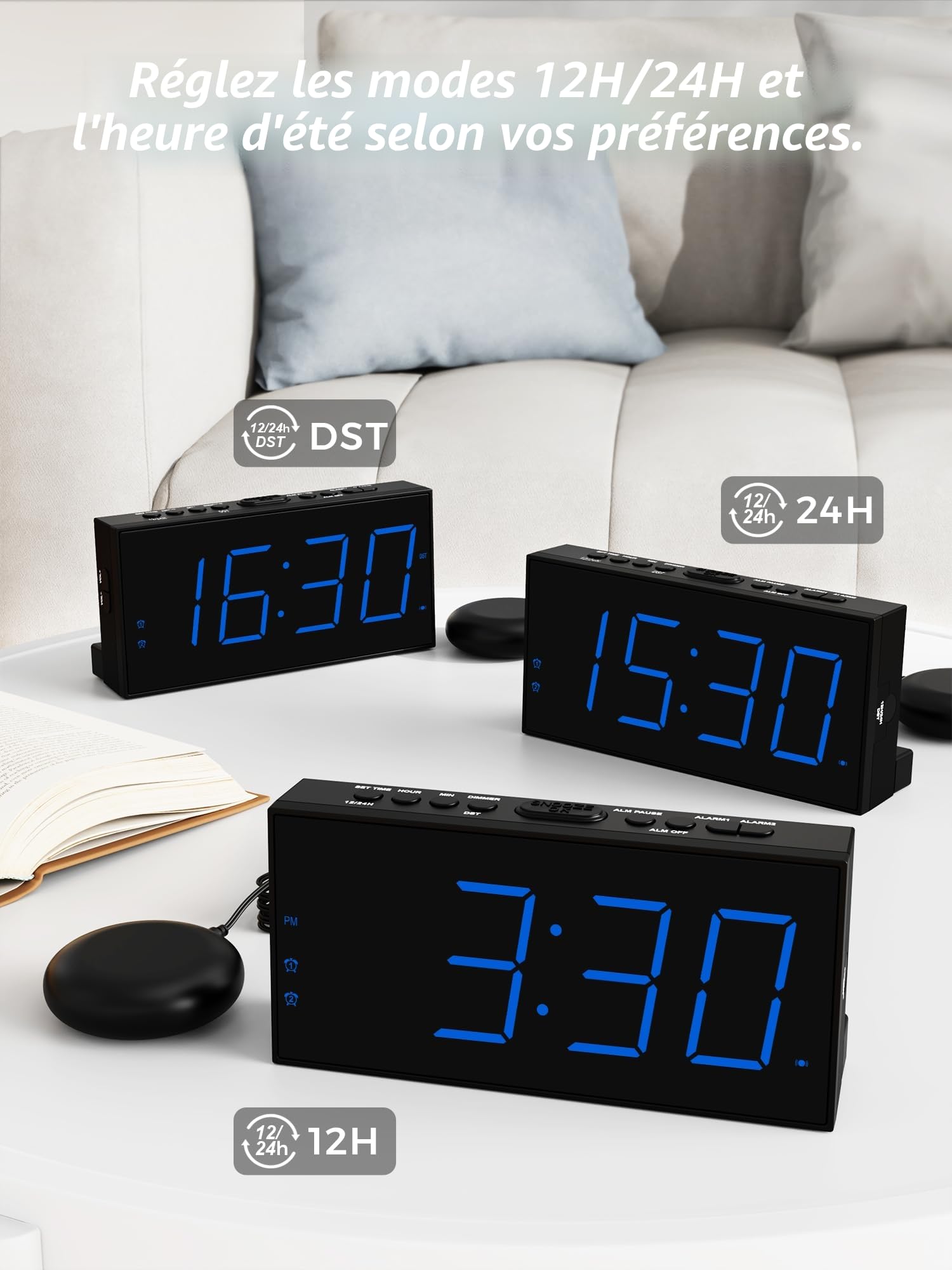 Réveil Extra Fort avec Secoueur de Lit, LED 7'' pour Sourd et Malentendant, Gros Dormeur, Double, Lumineux à 5 Niveaux, Snooze, Charger USB, Variateur d'Intensité, 12/24 H