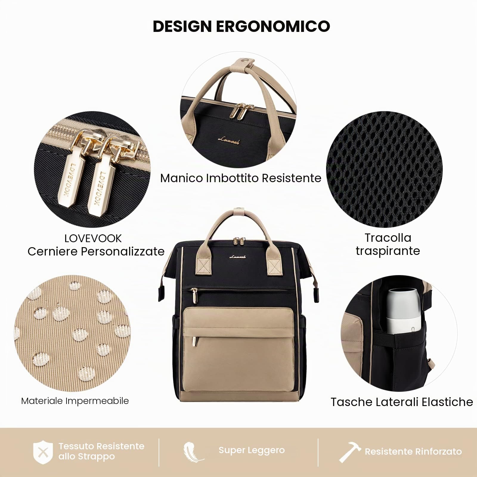 LOVEVOOK Zaino Porta PC Donna, 15,6 Pollici Impermeabile Computer Backpack Antifurto con Porta USB e Scomparto per Laptop per Scuola Università Viaggi Lavoro Aereo Ufficio, Kaki Nero