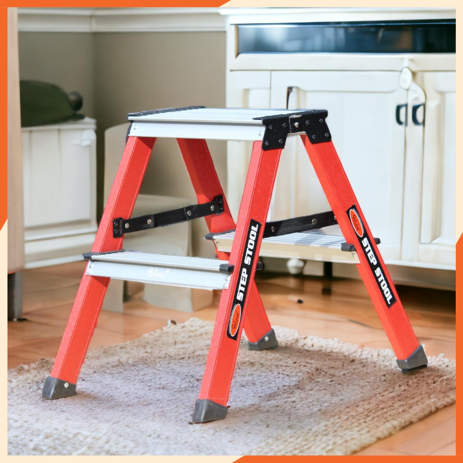 Prime 2steps Alligator Pattern Powder-Coated Finish Foldable Aluminium Twin Step Stool Ladder for Home & Office Use | Made in India | 5 Years Warranty | Anti-Skid Serrated Steps (Ruby Red)