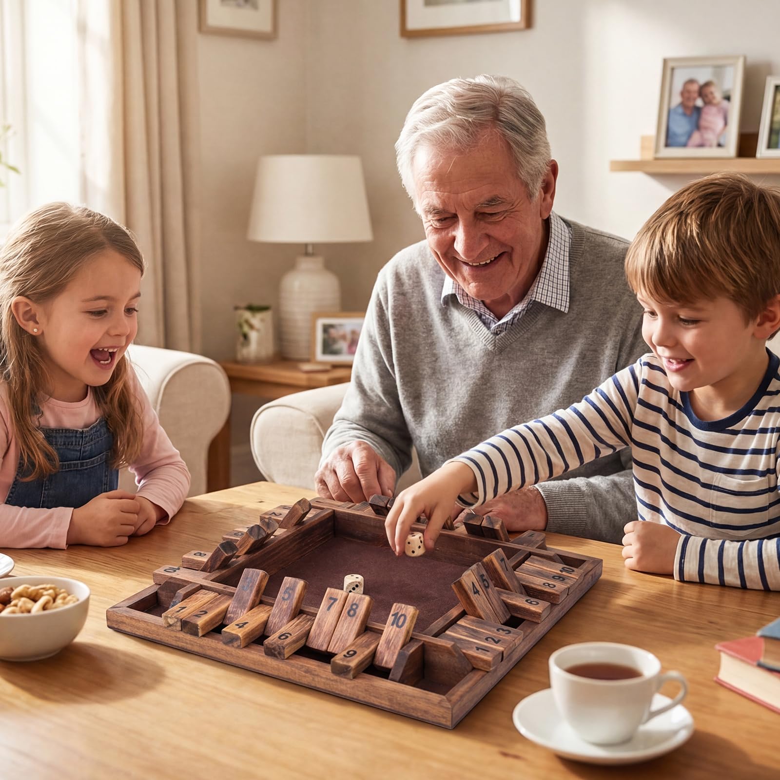 COSTWAY Gioco Chiudi la Scatola per 2-4 Giocatori, Gioco da Tavolo in Legno a 4 Lati con 2 Dadi, Giocattolo Matematico Educativo per Bambini e Adulti per Famiglia e Festa 30 x 30 x 3,8 cm (Marrone)