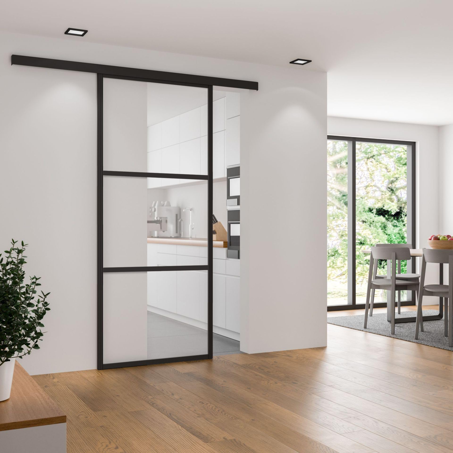 Inova Wohnen Glasschiebetür – Klarglas mit schwarzem Rahmen – Komplett-Set inkl. Schienensystem und Griff