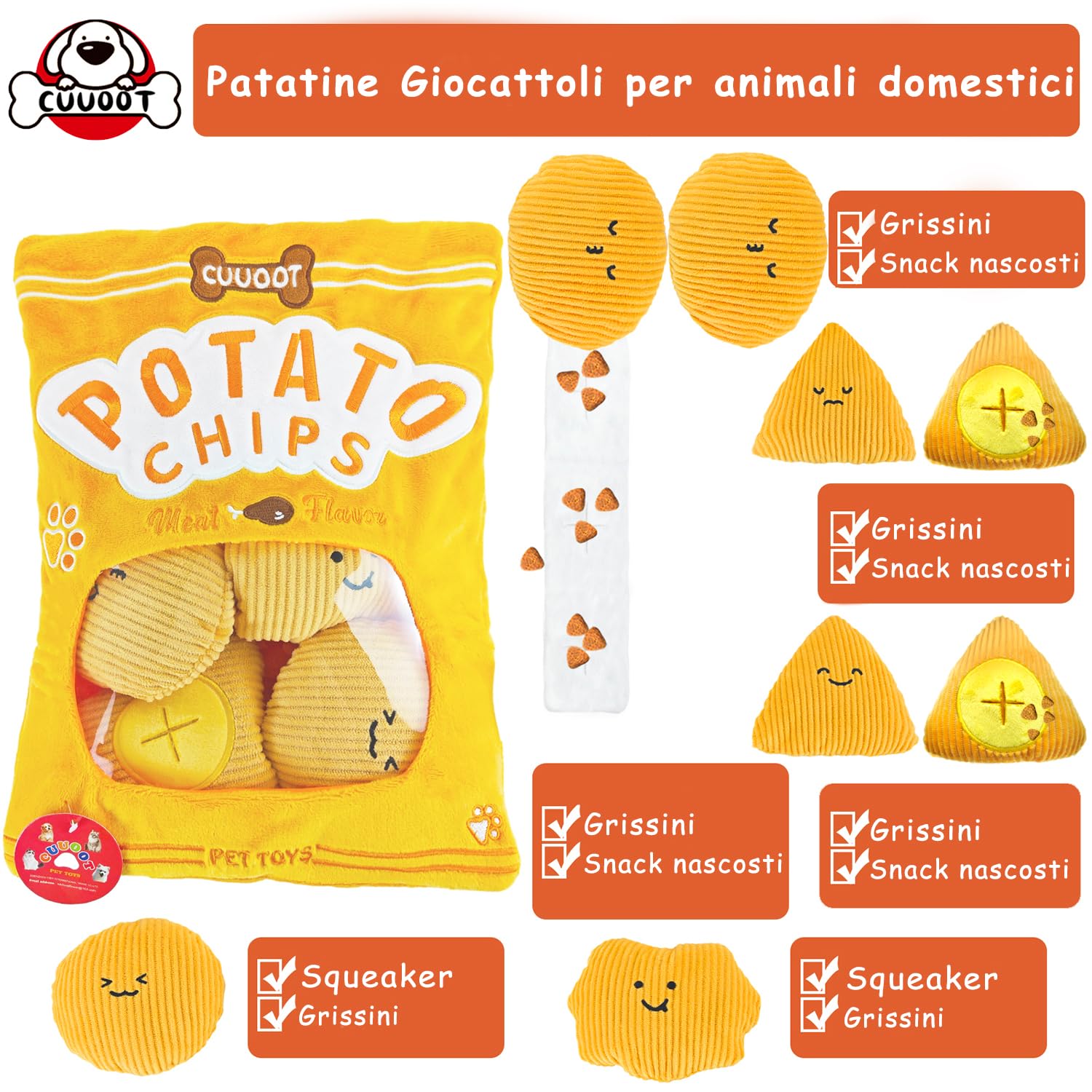 CUUOOTGiocattoli per cani Crinkly Squeaky Giocattoli per cani interattivi in peluche con puzzle di crocchette e arricchimento per cani di piccola media e grande taglia (Potato-chips-01)