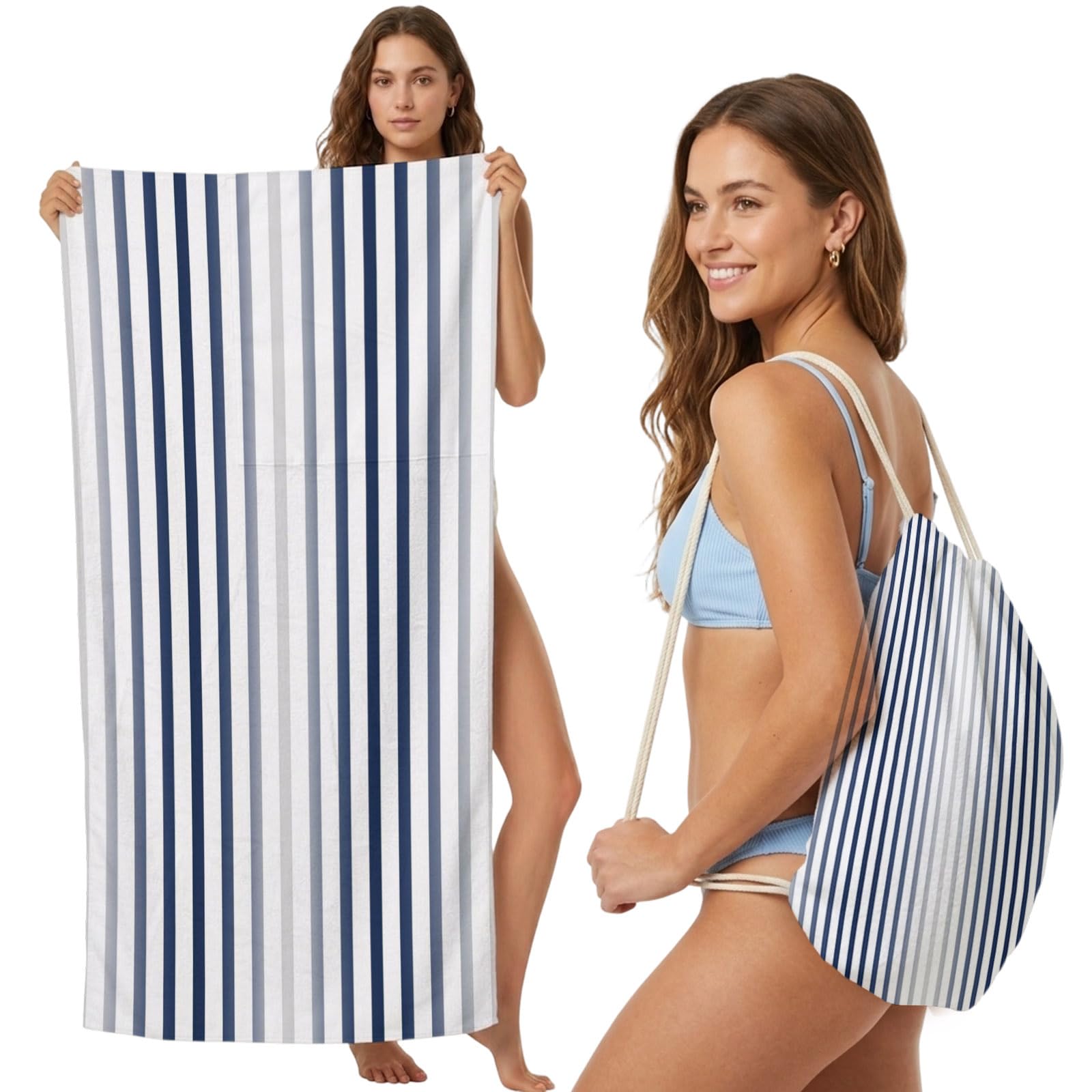 Beach Towel Bag 2 in 1 Navy Blue Vertical Stripes Bath Pool Towels Backpack Ombre Pinstripes Parallel Lines Absorbent Beach Towel Soft Quick Dry Packable Towels Drawstring Bag for Travel Sports
