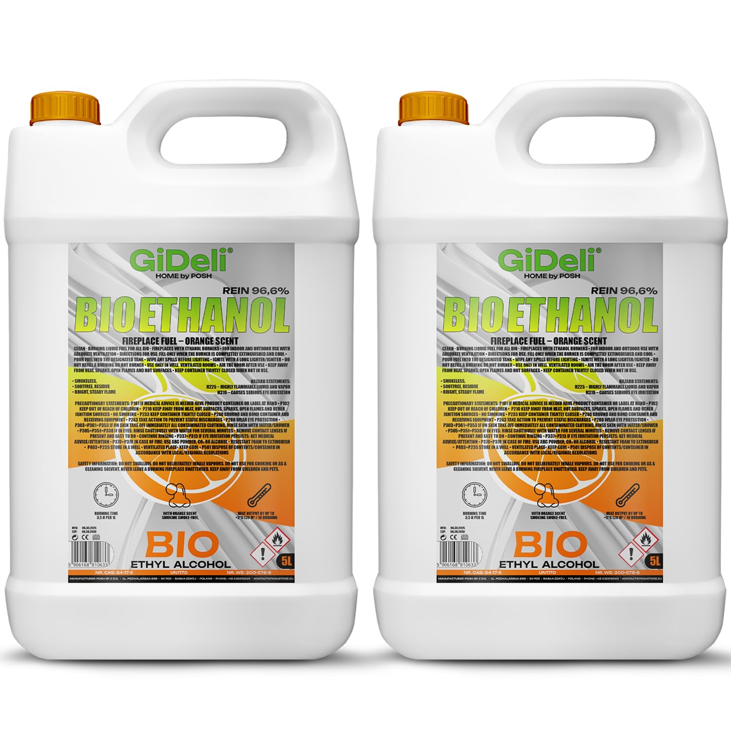 GiDeli Bioetanol - 2 x 5 l de aroma a naranja 96,6% etanol para chimeneas interiores y exteriores, sin humo ni hollín, de maíz y remolacha azucarera