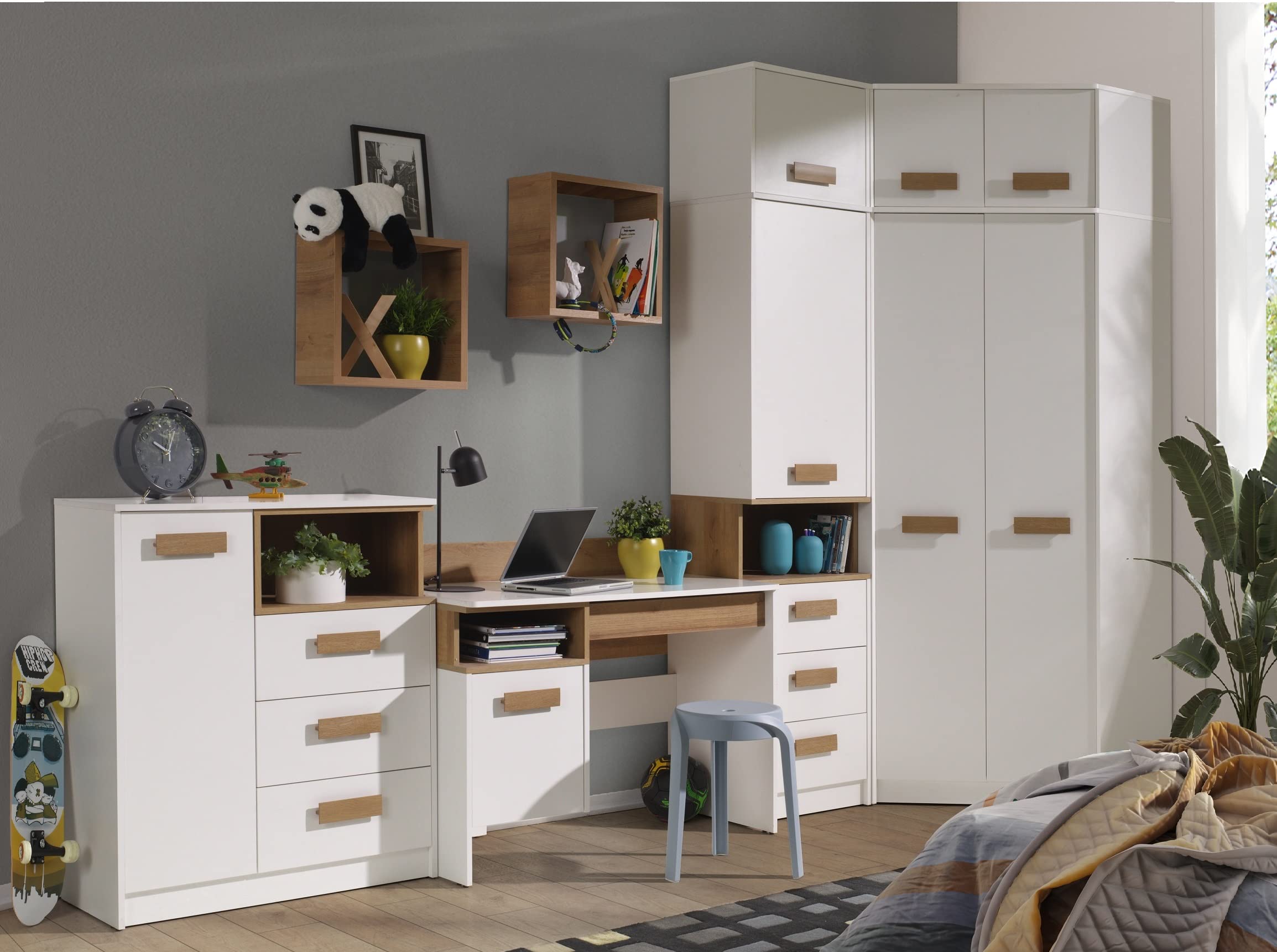 Marmex Kleiderschrank Holz Eckschrank mit Kleiderstange und Einlegebode Mehrzweckschrank Schrank Kinderzimmer Schlafzimmer Möbel Flurschrank Grant G8+G15 91x235 cm