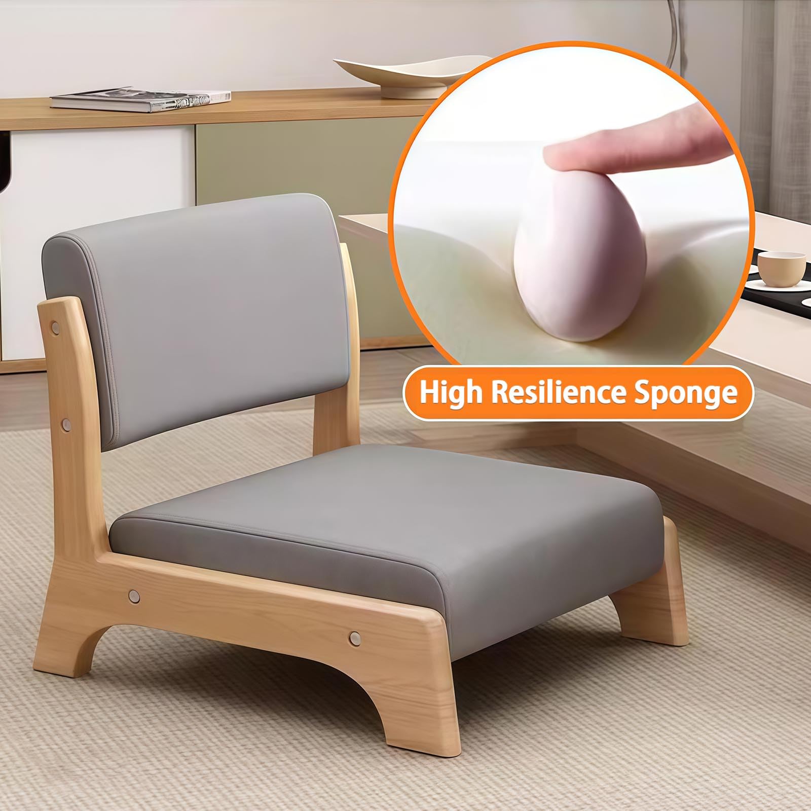 Silla de suelo con soporte para el respaldo, asiento de meditación portátil de madera sin brazos, cojín suave para sala de estar, dormitorio y lectura
