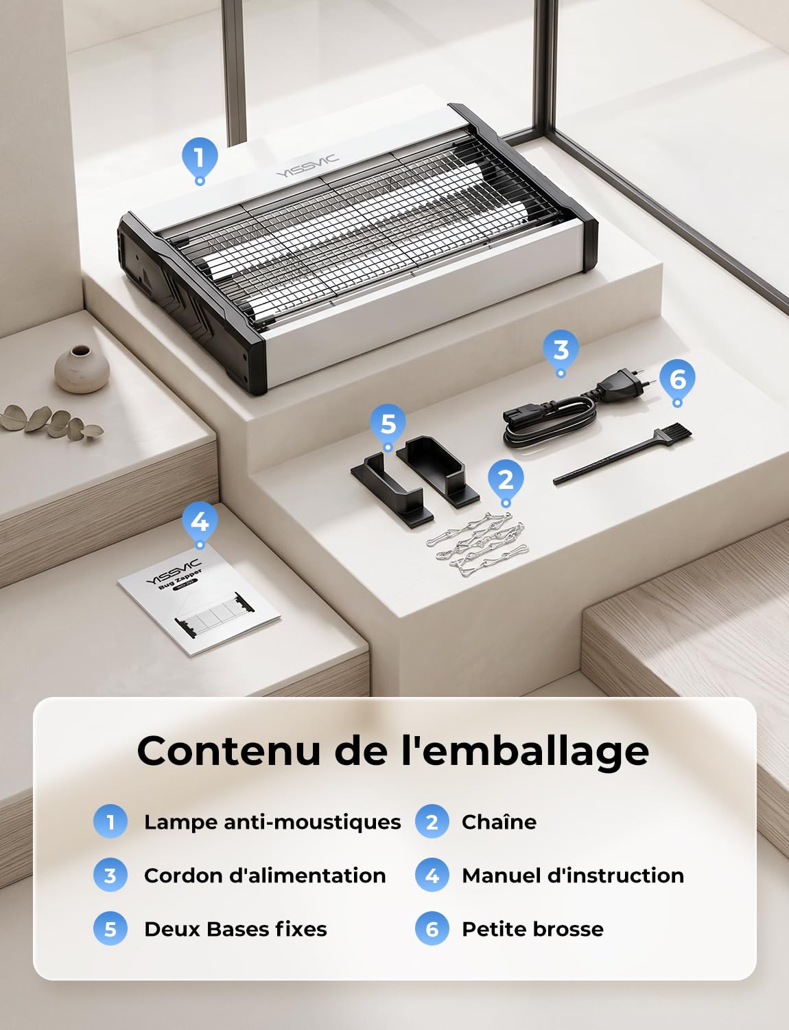 YISSVIC Lampe Anti Moustique Intérieur avec Cordon 2M et 2 Bases Fixes Tue Mouche Electrique Appareil LED Destructeur d'Insectes Efficace Contre Moustiques, Mouches et Autres Insectes Volants