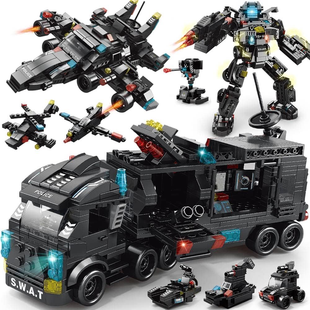 City Police Station Building Kit, Building Block Robot 27 in1 SWAT Police Command Truck Building Kit for Kids City Helicopter Bricks Kit Educational Toys for Boy 6-12 Years Old 585PCS, black
