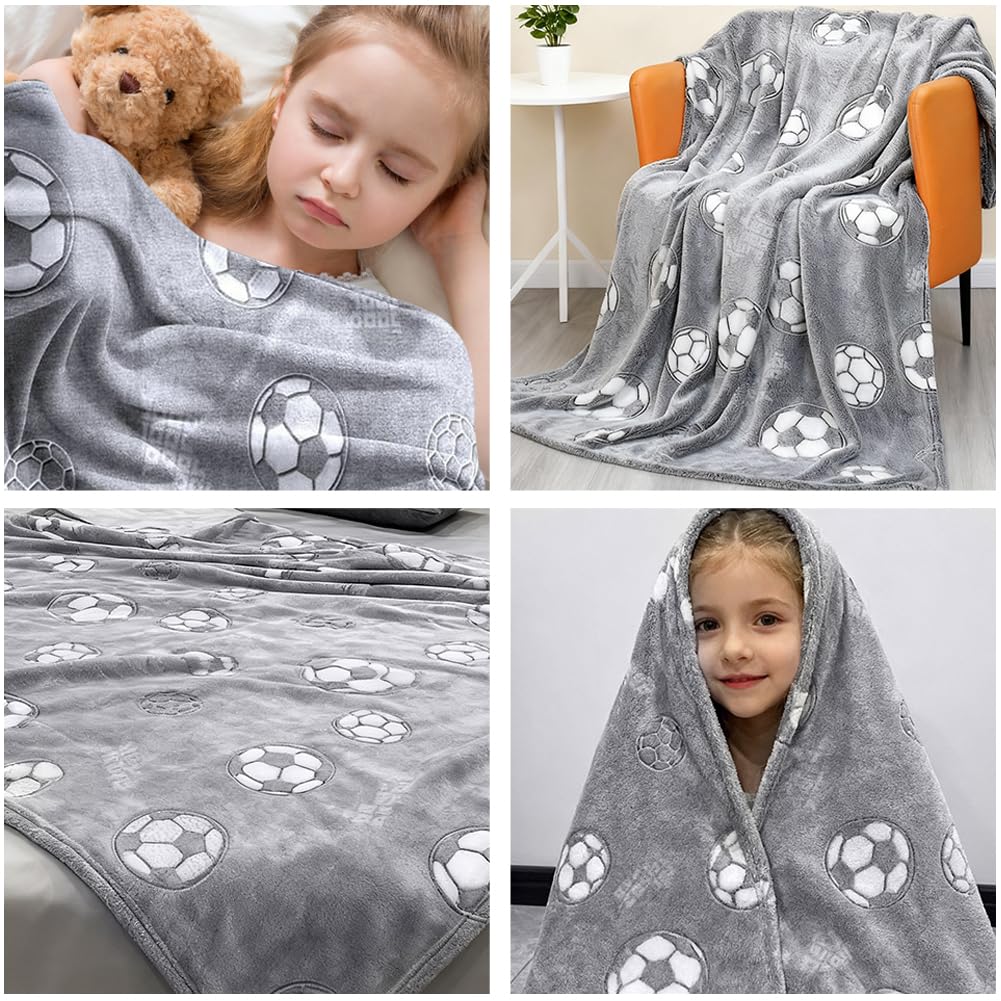 Manta infantil para niña y niño, 150 x 130 cm, cubierta que brilla en la oscuridad, suave y mullida, manta de sofá, manta cálida para Navidad, cumpleaños, Pascua (fútbol gris plata)